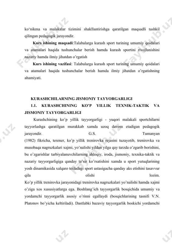 tisoslashgan bazaviy tayyorgarlik bosqichida maxsus tayyorgarlik ulushi muhim darajada oshadi va umumiy tayyorgarlik ulushi kamayadi. alohida imkoniyatlarni maksimal amalga oshirish bosqichida maxsus tayyorgarlik umumiy ish xajmidan 60% gacha etishi va undan ko’p bo’lishi mumkin. yutuqlarni ushlab turish bosqichida maxsus tayyorgarlik ulushi qat’iy yuqori bo’ladi va umumiy tayyorgarlik ulushi minimumgacha kamaytiriladi (v.n. platonov, 1986). har xil tayyorgarlik turlari nisbatlarining bunday sxemasi hamma sport turlari uchun umumiy hisoblanadi, lekin kurashda u trenirovka to’g’risida umumiy tasavvurlarni beradi. sport kurashidagi yutuqlar ko’p jihatdan kurashchining oqilona texnik-taktik tayyorgarligiga bog’liq. mukammal texnika - bu eng yuqori natijaga erishish maqsadida sport mashqlarini bajarishning samarali usullari yig’indisidir. o’rgatish jarayonida texnikani egallash darajasi o’zgarib turadi (yangi shug’ullanuvchining sodda texnikasidan to xalqaro toifadagi sport ustasining mukammal texnikasigacha). oqilona texnika sportchiga harakatlarni tejamkorlik bilan bajarish uchun imkon yaratadi. (v.r. filin, n.a. fomin, 1980). yosh sportchining xalqaro toifadagi sport ustasi darajasigacha bosib o’tadigan yo’lini to’rtta bosqichga ajratish mumkin (g.s. tumanyan bo’yicha, 1985); …