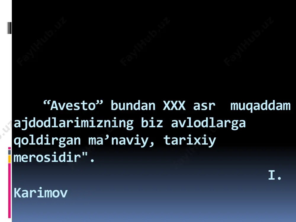 ing ta’limotini qabul qildi. “avesto”ning keyinroq yozilgan boblarida zardushtning shaytonlarga qarshi so'zi, mo’jizalar bilangina emas, qurol bilan ham jang qilgan afsonaviy kurashchi sifatida tasvirlangan. olimlarning aniqlashicha, jannatdagi hurlar to’g’risidagi rivoyatlar “avesto”obrazlari orqali (asosida)shakllanadi. zardushtiylikning hozirgi shakli forsiylik. hozirgi paytlargacha saqlanib qolgan dafn marosimlari o’ziga xos xususiyatlari mavjud: murdalar bir necha past- baland “sukunat minoralari” ”dahmalar"ga solinadi, u yerda murdalarning go’shtlarini qushlar yeydi; go’shtdan tozalangan suyaklar minora o’rtasidagi chuqur quduqga sochib yuboriladi. bunda “halol” bilan “harom”ning bir-biriga yaqinlashmasligiga erishiladi. zardushtiylik ibodatxonalarida mangu olov yonib turadi. zardushtiylikning asrlar mobaynida mazmun- mohiyati o’zgarib keldi, arshakiylar va sosoniylar davrida davlat diniga aylangan. o’zbekistonda chop qilingan “avesto” kitobida chizilgan ushbu rasmda darvish qiyofasi tasvirlangan. hamda uning ostida shunday so’zlar yozilgan: "darvishlarning anduhlarni yaratguvchi mehribonlik va javonmardligini olqishlaymiz". "yetti buyuk yasht" “avesto” dagi ma’lumotlarga ko’ra, o’rta osiyo aholisining ijtimoiy-iqtisodiy munosabatlar quyidagicha bo’lgan. nmana oila jamoasi vis patriarxal urug’ jamoasi zantu qabila jamoasi dahyu qabilalar ittifoqi “avesto” …