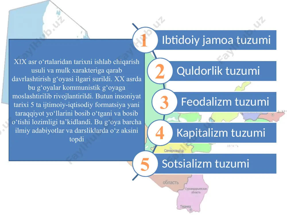 iston tarixini davrlashtirishda quyidagilarga e’tibor qaratgan har bir ulkan tarixiy davrda jamiyat iqtisodiy asosini harakatlantiruvchi kuchlari kimlar ekanligiga jamiyatda mulkka egalik qilishlikning xarakteri qanday bo‘lganligiga jamiyat ijtimoiy hayotining ma’naviy asosini qanday mafkura tashkil etganligiga 1 2 3 4 o`zbekiston tarixini davrlashtirishning 7 bosqichi “o‘rta asrlar davri” ( 9 asrdan somoniylar davlatini tashkil topishidan to xix asr o‘rtalarigacha). o‘zbekistonda “ibtidoiy to‘da davri” (mil. avv. i million – 40 ming yilliklar) o‘zbekistonda “ilk o‘rta asrlar davri” (milodiy v asrdan to viii asr oxirigacha). o‘zbekistonda “ibtidoiy urug‘chilik jamoasi va mulk egaligining shakllanish davri” (bundan 40 ming yil avval to milodiy iii-iv asrlargacha). o`zbekiston tarixini davrlashtirishning 7 bosqichi 7 6 5 “milliy istiqlol, demokratik davlat va fuqarolik jamiyati qurish davri”. bu davr 1991 yil 31 avgustdan to bugungi kungacha bo‘lgan davrlarni qamrab oladi. “mustamlakachilik va milliy uyg‘onish davri”.chor rossiyasi bosqinidan to 1917 yil oktyabr to‘ntarishiga qadar davom etgan davrni o‘z ichiga oladi. o‘zbekiston tarixining …