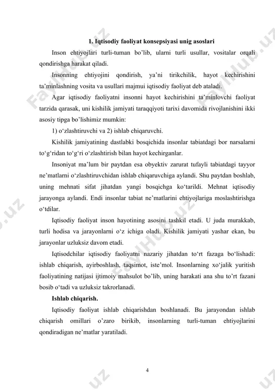 rbanizatsiya (urbahis — shahar)si ro‘y beradi. aholining asosiy qismi shaharlarda yashay boshlaydi; • ishlab chiqarish imkoniyatlarining kengayishi turli tuman ehtiyojlarni qondirish uchun yo‘l ochadi. ikkinchi «demografik portlash» iqtisodiyotning industrlashtirilishi bilan bog’liq. 1650-1974-yillarda aholi 7 marta ko‘paydi (1650-yili planetamizda 650 mln. kishi yashagan). dunyo aholisi ayniqsa keyingi 50 yil ichida tez sur’atlar bilan ko‘paydi. buning natijasida ehtiyojlarni qondirish bilan cheklangan ishlab chiqarish imkoniyatlari o’rtasida qarama-qarshilik kuchayib bordi. bu qarama-qarshilik 50- yillarda ro’y bergan fantexnika inqilobi natijasida echilmoqda. u xo’jalik rivojlanishi uchun kelajakda nihoyatda katta imkoniyatlar yaratadi. postindustrial bosqich quyidagi xususiyatlari bilan ajralib turadi: • iqtisodiyotning muhim sferasi — xizmat ko’rsatish nihoyatda tez rivojlanadi. unda ishlovchilarning 50-70% band bo’ladi; • fan bevosita ishlab chiqaruvchi kuchga aylanadi. fan yutuqlari natijasida ishlab chiqarishda, tabiatda mavjud bo’lmagan mahsulotlar yaratiladi; • xo’jalikning barcha tarmoqlarida va maishiy maqsadlarda informatika va hozirgi zamon hisoblash texnikasi yutuqlaridan keng foydalaniladi. jismoniy va aqliy mehnatni ham avtomatlashtirish kuchayadi; • korxonalarda ilmiy …