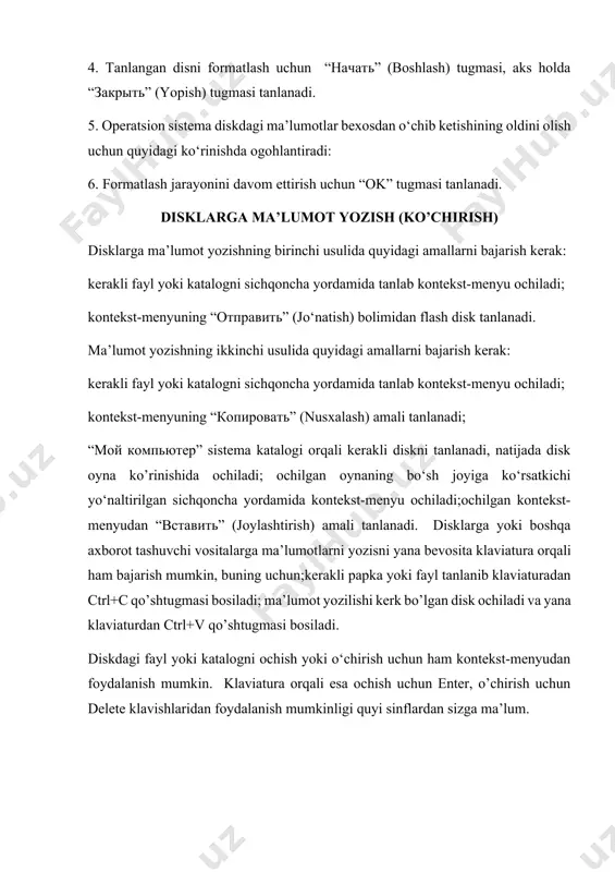vd-rom qurilmasi nafaqat dvd, balki cd diklarni ham ochish imkoniyatini beradi. hozirgi kunda dvd disklarni o‘qishning maksimal tezligi 16 karrani tashkil etadi, ya’ni 1380 kbit/sek ∙16 =22080 kbit/sek, cd disklarni o‘qishning maksimal tezligi esa 52 karrani tashkil etadi, ya’ni 150 kbit/sek ∙ 52=7800 kbit/sek. dvd disklarga ma’lumot yozish uchun kompyuterga dvd writer qurilmasi o‘rnatilgan bo‘lishi kerak. muloqotli servis xizmatlari ba’zan tashqi xotiralar bilan ishlash sekinlashadi. buning sabablari turlicha bo’lishi mumkin. masalan, diskdagi sistema xatoligi, ba’zi ma’lumotlar o’chirilib, boshqasi yozilganda tashqi xotiradagi ma’lumotlar tarqoq joylashishi va buning oqibatida bo’sh joylarning aniqlanishiga ketayotgan vaqtning ortishi, diskdagi ma’lumotlar hajmining ko’pligi va boshqalar. shu sababli ntfs fayl sistemasida disk sohasini to’liq saqlash uchun maxsus usullar qo’llanilgan. lekin bu ham fayllar bo’laklanishining oldini ololmaydi. shuning uchun qattiq diskni tez-tez (iloji bo’lsa haftada bir marta) defragmentatsiyalab (ing. parcha yoki qismlarni yigish) turish maqsadga muvofiq. operatsion sistemalar qattiq disk, flash-xotiralar bilan ishlash uchun quyidagi muloqotli servis xizmatlarini …
