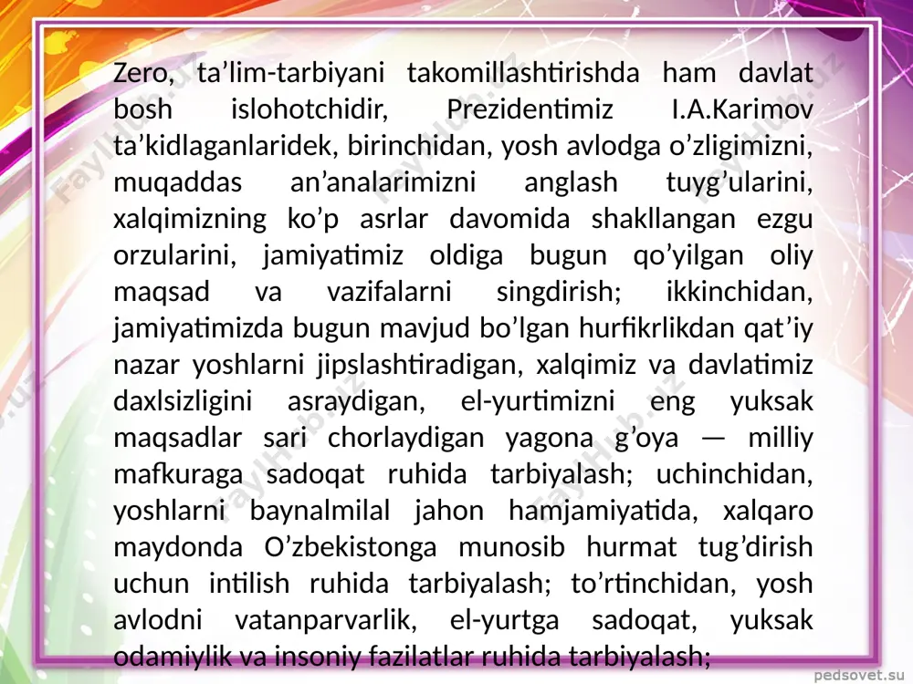 ruhiy maslahatlar berib, ularga o’quvchini oilada tarbiyalashlariga yordam ham qilishdir 3. ota-onalar bilan ishlash. bu esa o’quvchiga chaqiriqlar yoki maxsus da’vatnomalar orqali amalga oshiriladi. 4. ota-onalar sinf majlisini o’tkazish. bu shakldagi aloqa maxsus ish rejasi orqali amalga oshiriladi. 5. ota-onalarni maxsus pedagogik va psixologik bilimlar bilan qurollantirish maqsadida ular bilan suhbat va ma’ruzalar o’tkaziladi. 6. savol-javoblar kechasi. ishning bu shakli sinf o’quvchilarning xususiyati, xarakterini yaxshiroq o’zlashtirish imkonini beradi. 7. ota-onalarning tarbiya borasidagi ilg’or tajribalar bilan fikr almashish, o’rtoqlashish. bu narsa quyidagi mavzuda bo’lishi mumkin sinf rahbarlari ota-onalar bilan birgalikda tarbiyaviy ishni tashkil etar ekanlar, eng yangi psixologik-pedagogik tadqiqotlar ma’lumotlarini e’tiborga olishlari ham muhimdir, ularga ;muvofiq o’sib kelayotgan kishi shaxsini shakllantirishga oilaning qo’shadigan hissasi turli yosh bosqichlarida turlicha bo’ladi va to’lqinsimon o’zgaradi. dastlabki 3 yil ichida u ayniqsa kuchli bo’ladi, shundan keyin oilaviy ta’sirning muayyan darajada barqarorlashuvi davri boshlanadi. uning navbatdagi odatda maktabgacha yosh tugaydigan paytga to’g’ri keladi, shundan keyin taxminan …