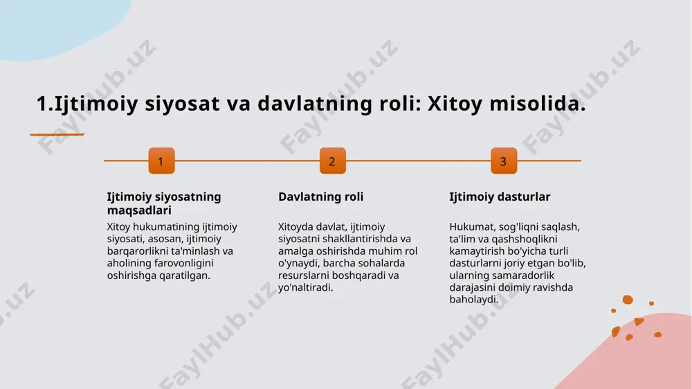 diy o'sishni ta'minlashda muhim rol o'ynaydi. 3.xitoyda qashshoqlikni qisqartirishda davlat siyosati va uning ta'siri. 01 davlat siyosati xitoyda qashshoqlikni qisqartirish davlatning asosiy maqsadlaridan biri. hukumat, iqtisodiy o'sishni rag'batlantirish va ijtimoiy yordam ko'rsatishni kuchaytiradi. 02 qashshoqlikni kamaytirish xitoy 2012-2020 yillarda 800 milliondan ortiq odamni qashshoqlikdan chiqarib, dunyodagi eng yirik qashshoqlikni kamaytirish dasturini amalga oshirdi. 03 innovatsion yondashuvlar xitoy hukumatining innovatsion yondashuvlari, masalan, texnologiyalarni qo'llash orqali qishloq joylarida iqtisodiy imkoniyatlarni yaratish muhim ahamiyatga ega. 04 global ta'sir xitoyning qashshoqlikni qisqartirishdagi muvaffaqiyatlari, boshqa rivojlanayotgan mamlakatlar uchun model sifatida xizmat qiladi va global iqtisodiy barqarorlikka hissa qo'shadi. ijtimoiy yordam va iqtisodiy rivojlanish: xitoyning qashshoqlikni kamaytirish strategiyalari. 01 ijtimoiy yordam turlari xitoyda ijtimoiy yordamning asosiy turlari qashshoqlikdan qutqarish, sog'liqni saqlash va ta'lim sohalarida ko'mak berishni o'z ichiga oladi. 02 davlat dasturlari xitoy hukumati qashshoqlikni kamaytirishga qaratilgan bir qator dasturlarni amalga oshiradi, jumladan, "yangi qishloq qurilishi" va "ijtimoiy ta'minot tarmoqlari". 03 innovatsion yondashuvlar innovatsion yondashuvlar, masalan, …