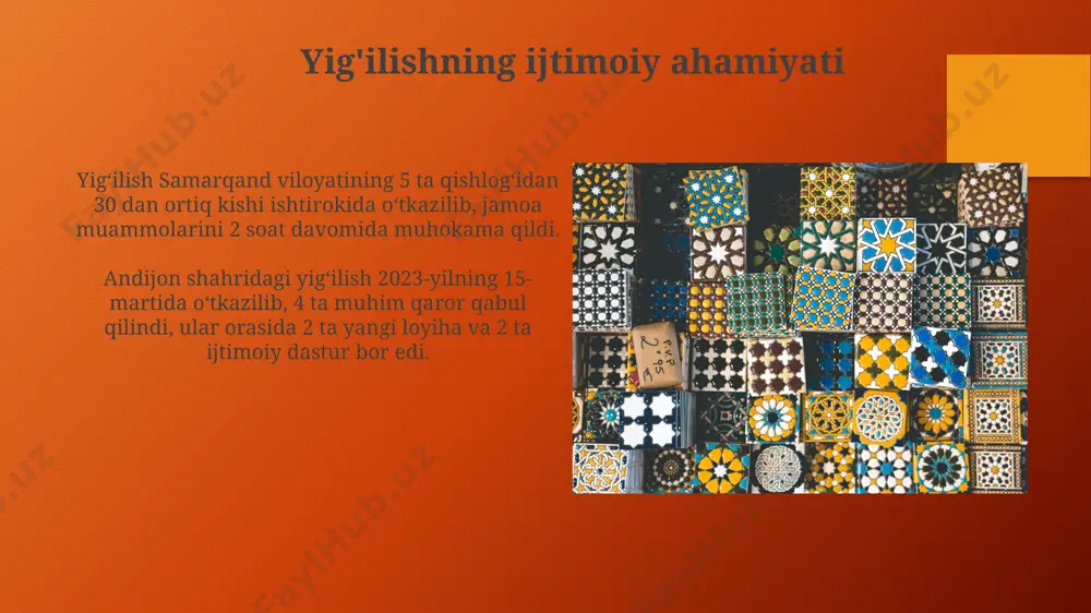 'yicha 2024-yilgi reja samarqand viloyatida 5000 gektar yer maydoniga zamonaviy sug'orish tizimlarini o'rnatishni nazarda tutadi. kelajakdagi rejalar 5 yil ichida toshkent shahrida 10 ta yangi madaniyat markazini ochishni, shu jumladan, 2 tasini bolalar va o'smirlar uchun mo'ljallashni o'z ichiga oladi. yig'ilishning iqtisodiy ahamiyati surxondaryo viloyatidagi kichik biznes vakillarining yig’ilishda ta’kidlashicha, davlat tomonidan berilgan 3 million so’mlik grantlar tufayli 100 dan ortiq yangi ish o’rinlari yaratilgan. qo’shni andijon viloyatidan kelgan delegatsiya, o’zlarining 20% ga oshgan meva-sabzavot eksport ko’rsatkichlari va bu orqali 10 million aqsh dollaridan ortiq daromad keltirilganligi haqida ma’lumot berdi. yig'ilish bayonnomasi баёномада андижон вилоятига оид 3 та лойиҳа бўйича қарорлар, уларнинг молиявий кўрсаткичлари (жами 500 млн сўм) ва амалий ишлар режаси батафсил ёритилган. йиғилиш баёномасида 2023 йилнинг 15 мартида тошкент шаҳрида бўлиб ўтган йиғилишда 12 нафар аъзонинг иштирокида 5 та масала кўриб чиқилгани акс этган. qatnashchilarning roli va javobgarligi samarqand viloyatidan kelgan 2 nafar katta yoshdagi ayol, yig'ilishda yoshlarning …