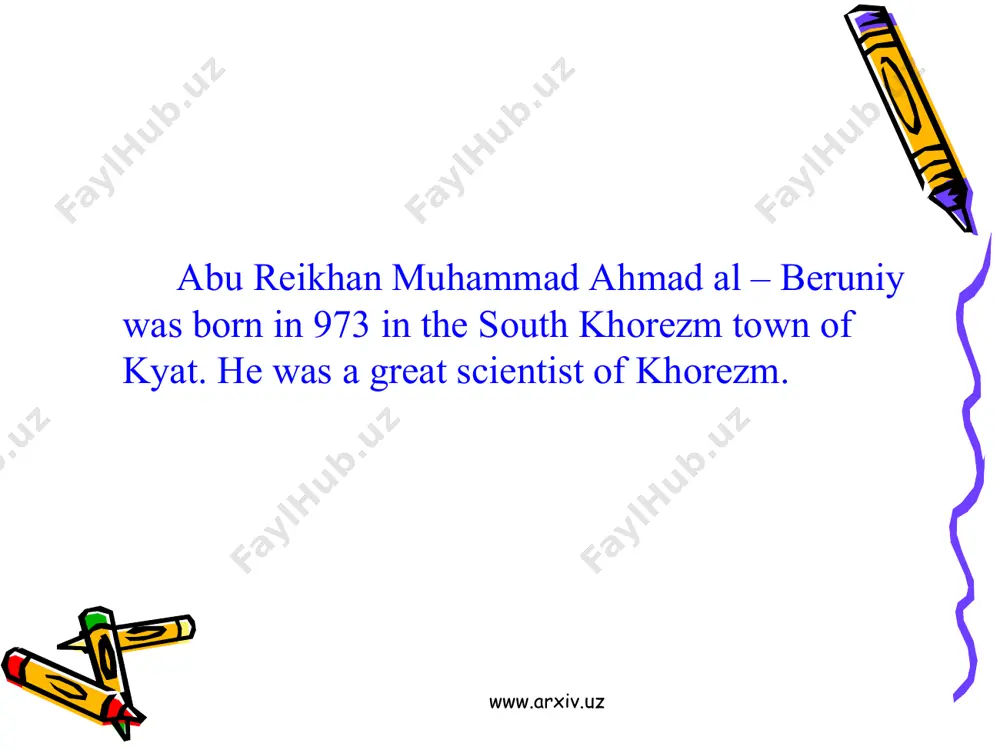 .uz www.arxiv.uz physics al-biruni contributed to the introduction of the experimental scientific method to mechanics, unified statics and dynamics into the science of mechanics, and combined the fields of hydrostatics with dynamics to create hydrodynamics. www.arxiv.uz www.arxiv.uz literature: c.e. bosworth, "bīrūnī, abū rayḥān i. life" in encyclopædia iranica (accessed april 2011) david pingree, ""bīrūnī, abū rayḥān ii. bibliography", in encyclopædia iranica [ (accessed april 2011) george saliba, "bīrūnī, abū rayḥān iii. mathematics and astronomy" in encyclopædia iranica [7] (accessed april 2011) david pingree, "bīrūnī, abū rayḥān iv. geography" in encycloapedia iranica [8] (accessed april 2011) georges c. anawati, "bīrūnī, abū rayḥān v. pharmacology and mineralogy" in encycloapedia iranica [9] (accessed april 2011) david pingree, "bīrūnī, abū rayḥān vi. history and chronology" in encyclpaedia iranica [10] (accessed april 2011) françois de blois, "bīrūnī, abū rayḥān vii. history of religions", in encyclopædia iranica [11] (accessed april 2011) www.arxiv.uz www.arxiv.uz