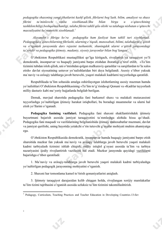 rida muhim o’rin egallagan. mutafakkirlarning asarlarida ushbu fikrlar mustaqil pedagogik nazariya sifatida emas, balki falsafiy qarashlar yoki jamiyatni tashkil etish loyihasining muhim komponenti tarzida bayon etilgan. ushbu davrda tabiiy-ijtimoiy fanlar tizimi shakllanishi uchun boshlang`ich asoslar qo’yildi. quldorlik tuzumida erkin bo’lmagan kishilar (qullar)ning haq- huquqlari cheklanganligi bois tarbiya tizimi faqatgina quldorlar, ularning farzandlari uchun xizmat qilgan. quldorlik tuzumi o’rnida shakllangan feodal tuzumda pedagogik g`oyalar feodallar manfaatini ifoda eta boshladi. mazkur davr pedagogik jarayonni tashkil etishda diniy g`oyalar yetakchi o’rin egallashi bilan tavsiflanadi. ijtimoiy hayotda diniy muassasalar (g`arbda cherkov, sharqda esa masjidlar)ning roli osha borib, bolalarni o’qitish va tarbiyalash ishlari asosan shu maskanlarda tashkil etildi. garchi dunyoviy g`oyalarni ilgari surish, ilmiy nazariyalarni yaratish va targ`ib etishning din peshvolari tomonidan qoralanishi kabi holatlar ham ko’zga tashlangan bo’lsa-da, ammo savdo-iqtisodiy aloqalar ko’lamining kengayishi, tabiiy ofatlarga qarshi keskin chora ko’rish ehtiyoji ilmiy bilimlarni rivojlantirish hayotiy zaruriyat ekanligini isbotladi. insoniyat tarixidan mustahkam o’rin olgan sharq uyg`onishi …