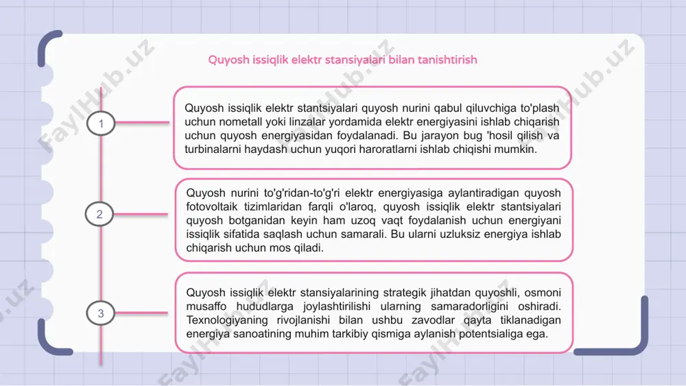 ktr energiyasi ishlab chiqarish uchun foydalanadi va barqaror va ekologik toza energiya manbasini taklif qiladi. texnologiya issiqxona gazlari chiqindilarini kamaytirishga va iqlim o'zgarishiga qarshi kurashishga yordam beradi. quyosh issiqlik elektr stansiyalarining asosiy afzalliklaridan biri issiqlik energiyasini saqlash tizimlaridan foydalanish orqali hatto bulutli sharoitda ham yoki tunda ham ishonchli energiya ishlab chiqarishni ta'minlash qobiliyatidir. bundan tashqari, quyosh issiqlik elektr stantsiyalari minimal texnik talablarga ega bo'lgan uzoq umrga ega, bu ularni uzoq muddatda qayta tiklanadigan energiya ishlab chiqarish uchun iqtisodiy jihatdan samarali variantga aylantiradi. quyosh issiqlik elektr stansiyalaridagi qiyinchiliklar quyosh issiqlik elektr stantsiyalari yuqori boshlang'ich xarajatlar, er talablari va quyosh nurlarining uzilishlari kabi qiyinchiliklarga duch keladi. ushbu qiyinchiliklarga qaramay, texnologiyani yaxshilash samaradorlik va saqlash uchun echimlarni taklif qiladi. qiyinchiliklardan tashqari, quyosh issiqlik elektr stantsiyalari suvdan foydalanish va atrof-muhitga ta'sir qilish bilan bog'liq muammolarni ham hal qilishi kerak. sovutish tizimlari uchun suvdan foydalanish va materiallarni to'g'ri yo'q qilish zarurati asosiy tashvishlardir. ushbu qiyinchiliklarni …