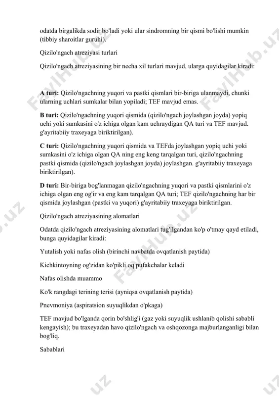 i yoki ular sindromning bir qismi bo'lishi mumkin (tibbiy sharoitlar guruhi). qizilo'ngach atreziyasi turlari qizilo'ngach atreziyasining bir necha xil turlari mavjud, ularga quyidagilar kiradi: a turi: qizilo'ngachning yuqori va pastki qismlari bir-biriga ulanmaydi, chunki ularning uchlari sumkalar bilan yopiladi; tef mavjud emas. b turi: qizilo'ngachning yuqori qismida (qizilo'ngach joylashgan joyda) yopiq uchi yoki sumkasini o'z ichiga olgan kam uchraydigan qa turi va tef mavjud. g'ayritabiiy traxeyaga biriktirilgan). c turi: qizilo'ngachning yuqori qismida va tefda joylashgan yopiq uchi yoki sumkasini o'z ichiga olgan qa ning eng keng tarqalgan turi, qizilo'ngachning pastki qismida (qizilo'ngach joylashgan joyda) joylashgan. g'ayritabiiy traxeyaga biriktirilgan). d turi: bir-biriga bog'lanmagan qizilo'ngachning yuqori va pastki qismlarini o'z ichiga olgan eng og'ir va eng kam tarqalgan qa turi; tef qizilo'ngachning har bir qismida joylashgan (pastki va yuqori) g'ayritabiiy traxeyaga biriktirilgan. qizilo'ngach atreziyasining alomatlari odatda qizilo'ngach atreziyasining alomatlari tug'ilgandan ko'p o'tmay qayd etiladi, bunga quyidagilar kiradi: yutalish yoki nafas olish (birinchi …