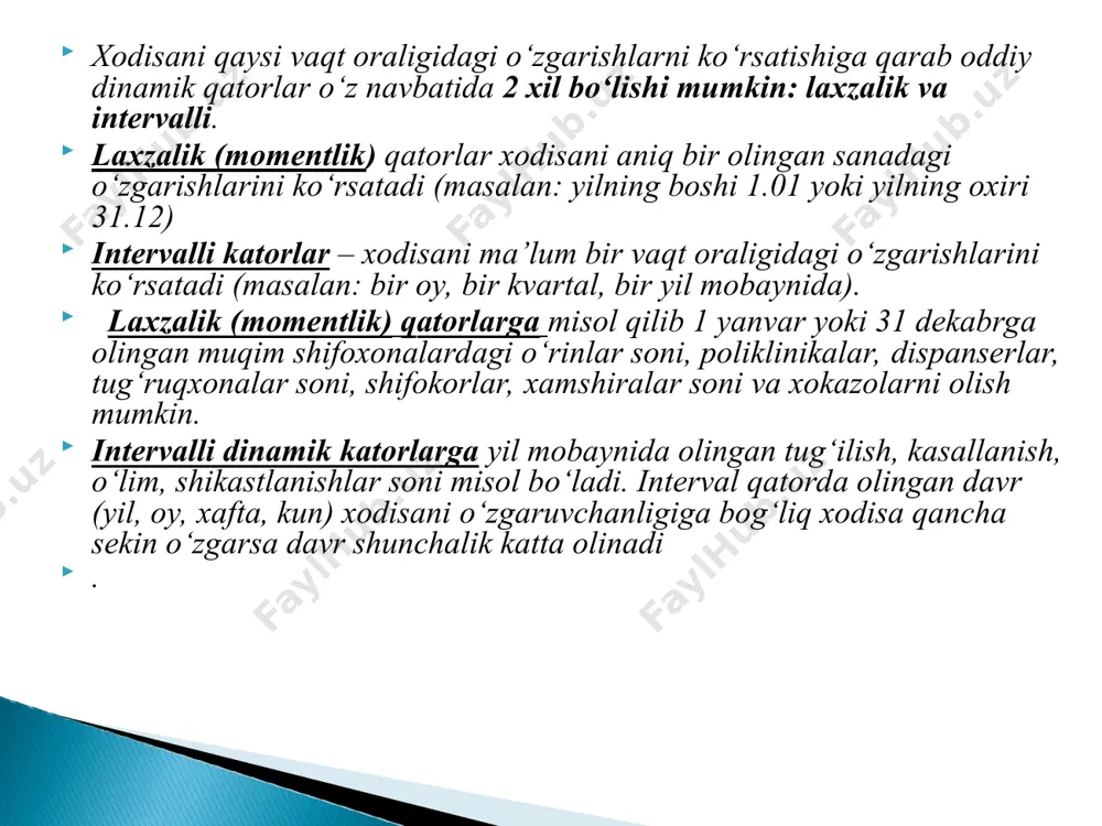 ing kattaliklariga qarab bo‘laklarga ajratiladi. onkokasalliklarni tarkibi (sng davlatlarida) dunyo miqyosida xavfli o`smalarning tarqalishi (100 000 ta axoliga) 356 348 318 214 197 68 (67,7) radial dijgrammalar bunday diagrammalar tug‘ilish, kasallanish va o‘lim ko‘rsatkichlarini yilning mavsumiga (kun, xafta, dekada, oy) qarab o‘zgarishini tasvirlash uchun qo‘llaniladi. radial diagrammalarni tuzish xodisa kattaliklari yil davomida (kun, xafta) necha marta bo‘linib o‘rganilgan bulsa, shuncha bo‘lakka bo‘linadi (masalan: xodisalar xar bir oy bo‘yicha o‘rganilgan bo‘lsa, aylana 12 bo‘lakka, xafta ichida -7ta, sutka davomida -24 ga bo‘linadi). radial diagrammada aylananing radiusi xodisaning bir yildagi o‘rtacha kattaligiga teng deb olinadi. xar bir radius esa o‘rganilayotgan (kasallanish yoki o‘lim) ko‘rsatkichining tegishli oylardagi kattaliklariga qarab ajratiladi. agar yilning ma’lum oylarida o‘rganilgan ko‘rsatkich yilning o‘rtacha ko‘rsatkichlaridan yuqori bo‘lsa, unga tegishli radiusni davom ettirish lozim (aylananing tashqarisiga davom ettiriladi), agar kichik bo‘lsa aylananing ichki qismida qoladi. yilning oylari tegishli radiuslarga soat strelkasi yo‘nalishida belgilanadi (yuqoridan o‘ngga, pastga, keyin chapga va yuqoriga). …