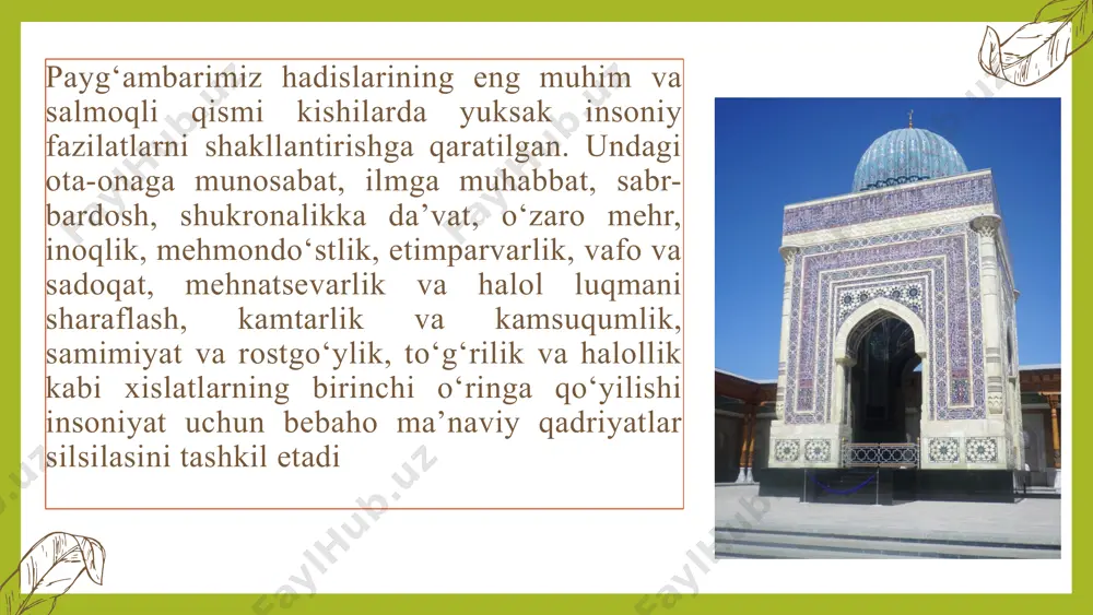 i kashf etib yashashimiz kerak. din – ruhiyatimiz tarbiyachisi, ilm – dunyoni va oxiratni bilish quroli, inson unisini ham, bunisini ham egallamog‘i kerak. bizning bobolarimizning yo‘li ana shunday bo‘lgan. yoki olaylik, mirzo ulug‘bek bilan xo‘ja ahror valiyni. ular zamondosh, bir shaharda yashaganlar. ulug‘bek – munajjim va shoh, uning shogirdlari aniq fanlar vakillari. xo‘ja ahror esa mo‘‘tabar din arbobi, ruhoniy zot. ammo ular bir-birlariga halaqit bermaganlar, aksincha, biri ilmiy ma’rifatni, ikkinchisi bo‘lsa ruhoniy ma’rifatni rivojlantirib, bir-birlariga ko‘mak berganlar. gap xoh diniy, xoh dunyoviy ma’rifatni to‘g‘ri va chuqur anglashda, har ikkovini ham egallamay, johil bo‘lib qolmaslikdadir. dunyoviy ilmlarni egallagan inson o‘zining bu dunyosini, diniy ilmlarni egallaganlar esa o‘zining u dunyosini obod qilgan bo‘ladi. har ikki ilmni egallagan kishi esa ikki dunyosini obod qiladi. image1.png image2.png image3.png image4.svg image5.png image6.png image7.jpeg image8.png image9.svg image10.png image11.png image12.png image13.png image14.png image15.png botanical sketches 44 /docprops/thumbnail.jpeg
