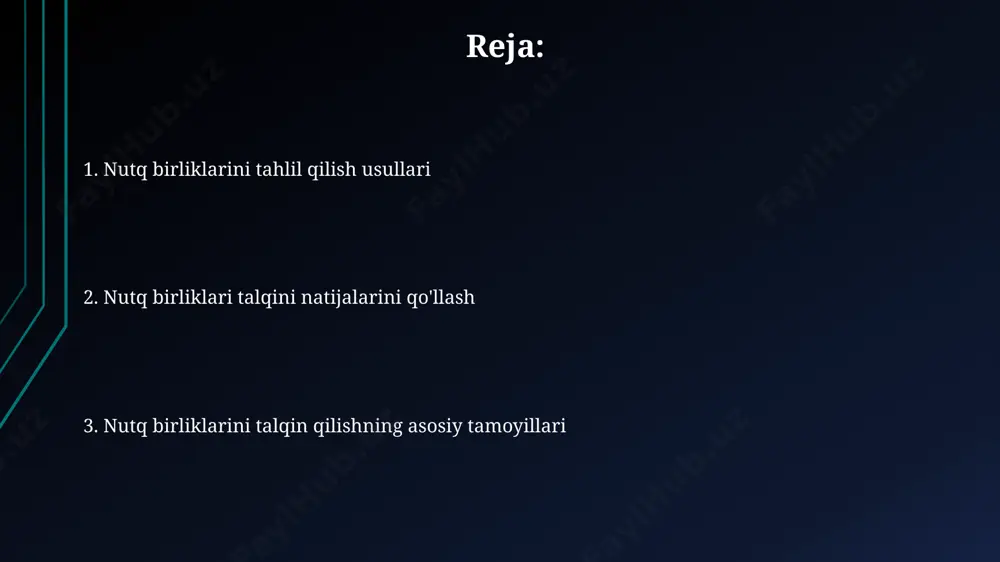 tarkibiy qismlarning oʻzaro munosabatlarini tahlil qilish orqali maʼno aniqlanadi va 3 xil semantik munosabatlar aniqlanishi mumkin. semantik tahlil jarayonida 2 dan ortiq so'z birikmalarini tahlil qilish orqali gapning umumiy maʼnosini aniqlash mumkin, bu esa kontekstni hisobga olishni talab qiladi. maʼno aniqlashda sinonimlar va antonimlar kabi leksik vositalar muhim rol oʻynaydi, masalan, 5 ta sinonim orasidan kontekstga mos keluvchisini tanlash muhim. morfologik tahlil va uning ahamiyati морфологик таҳлил сўзларни 8 та асосий морфемага (илдиз, қўшимчалар ва ҳ.к.) ажратишга имкон беради ва бу грамматик тузилмани аниқлаш учун муҳимдир. текстдаги 1000 та сўзнинг 80%ига яқини морфологик таҳлил орқали автоматик равишда тегишли грамматик категорияларни аниқлаш мумкин. морфологик таҳлил, таржима тизимларидаги хатолар сонини 15% гача камайтириш ва умумий сифатни яхшилашга ёрдам беради. nutq birliklarini tahlil qilish usullari nutq birliklarini tahlil qilishda 3 ta asosiy yondashuv mavjud: fonetik, leksik va sintaksis tahlillar, ular birgalikda 10 dan ortiq xususiyatlarni o'rganishga imkon beradi. diskursiv tahlil 2 yoki undan …