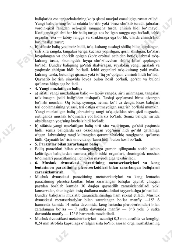 ida paydo bo‘lgan ba’zi qizarish (qontalashlar), teri qoplamasining katta bo‘lmagan zararlanishi, seld baliqlarida esa tangachalarining ko‘p qismi mavjud emasligiga ruxsat etiladi. yangi baliqlarning ko‘zi odatda bo‘rtib yoki biroz cho‘kib turadi, jabralari yorqin-qizil rangdan och-qizil ranggacha tusda, chirish hidi bo‘lmaydi. kesilganda go‘shti har bir baliq turiga xos bo‘lgan rangga ega bo‘ladi, ichki organlari esa — tabiiy rangga va strukturaga ega bo‘lib, ularda chirish hidi bo‘lmasligi zarur; · b) sifatsiz baliq yoqimsiz hidli, to‘q-kulrang tusdagi shilliq bilan qoplangan, sirti xira rangda, tangalari teriga kuchsiz yopishgan, qorni shishgan, ko‘zlari loyqalangan va cho‘kib qolgan (ko‘z orbitasi sathidan botiq), jabrasi to‘q-kulrang tusda, shuningdek loyqa cho‘ziluvchan shilliq bilan qoplangan bo‘ladi. bunday baliqning go‘shti shalviragan, suyakdan yengil ajraladi va yoqimsiz chirigan hidli bo‘ladi. ichki organlari to‘q-kulrang yoki malla-kulrang tusda, butunligi qisman yoki to‘liq yo‘qolgan, chirindi hidli bo‘ladi. qaynatib ko‘rish sinovida loyqa bulon hosil bo‘ladi, go‘sht va buloni qo‘lansa hidga ega bo‘ladi. · 4. yangi muzlatilgan baliq: · …