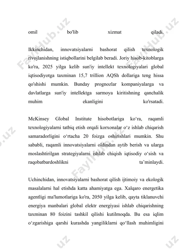 va statistikalar**: dunyo bo'ylab turli tadqiqotlar korxonalar innovatsiyalarni muvaffaqiyatli amalga oshirganida ularning raqobatbardoshlik koeffitsienti oshishini ko'rsatadi. masalan, mahsulot innovatsiyalari natijasida kompaniyalar yangi bozorlarga chiqish va mavjud bozorlarda o'z ulushlarini oshirish imkoniyatiga ega bo'lishadi. jarayon innovatsiyalari esa samaradorlikni oshirish, ishlab chiqarish xarajatlarini kamaytirish va sifatni yaxshilash orqali foydani oshishiga olib keladi. 4. **innovatsiyaning iqtisodiy va ijtimoiy ta'siri**: innovatsiyalar mamlakatning iqtisodiy rivojlanishiga katta hissa qo'shadi. jahon iqtisodiyotida innovatsiyalar ulushi ortib borar ekan, ilg'or texnologiyalar ishlab chiqarilishi va yangi xizmat turlari yaratilishi orqali iqtisodiy o'sishga imkon beradi. shuningdek, innovatsiyalar o'zlaridan keyingi avlodlar uchun qulay sharoit yaratishni ta'minlaydi va ushbu jarayonda yangi ish o'rinlari tashkil etiladi. 5. **innovatsion faoliyatning asoratlari**: innovatsiyalarni joriy etish jarayonida ba'zi qiyinchiliklar mavjud. misol uchun, texnologik o'zgarishlarga moslashishda qiyinchiliklar, xodimlar uchun yangi ko'nikmalarni o'zlashtirish zarurligi, xilma-xil moliyaviy resurslar zaruriyati kabilar. shu bilan birga, innovatsiyalar ko'pincha qilingan sarmoyaning darhol samarasini ko'rsatmasligi, uzoq muddatli strategik yo'naltirilganlikni talab qilishi qiyinchilik tug'diradi. korxonalarda innovatsion …