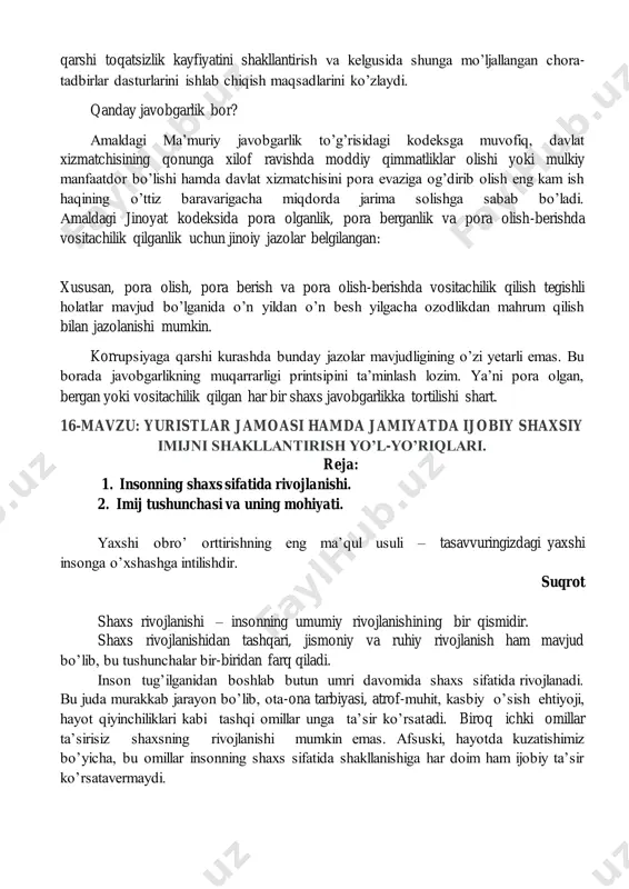 irasida korrupsiyaga qarshi jadal kurashmoqda. xususan, qonun hujjatlarining antikorruptsion ekspertizasi yanada takomillashtirildi. 2015 yil 25 dekabrda oʼzbekiston respublikasi аdliya vazirining ―normativ- huquqiy hujjatlar va ularning loyihalarini korrupsiyaga qarshi ekspertizasini oʼtkazish uslubiyotini tasdiqlash toʼgʼrisida‖gi 2745-son buyrugʼi qabul qilingan. ushbu buyruqda qonun hujjatlarining korrupsiyaga qarshi ekspertizasini oʼtkazishning tartibi belgilab berilgan hamda normativ-huquqiy hujjatlar va ularning loyihalarini korrupsiyaga qarshi ekspertizasini oʼtkazish uslubiyoti bayon qilingan. bundan tashqari, korrupsiyaning oldini olish maqsadida hujjatlarning elektron aylanishi tizimi yaratildi. ―faol notarius‖ modelining yaratilishi, notariuslar tanlovlarining onlayn tarzda oʼtkazilishi, davlat bojlari haqidagi maʼlumotlarning keng tarqatilishi, umuman, sohada ochiqlik va shaffoflikning taʼminlanishini аdliya vazirligining korrupsiyaga qarshi kurash sohasidagi eʼtiborli ishlari sifatida sanash mumkin. keng aholi oʼrtasida ham korrupsiyaga qarshi qator chora-tadbirlar amalga oshirilmoqda. jumladan, aholining huquqiy ongi va madaniyatini oshirish, korrupsiyaga nisbatan toqatsizlikni shakllantirish, korrupsiya holatlarining oldini olish kabi chora- tadbirlar orqali qonun ustuvorligini taʼminlash kun tartibidagi asosiy vazifa boʼlib turibdi. buning uchun aholi orasida faol huquqiy targʼibot amalga …