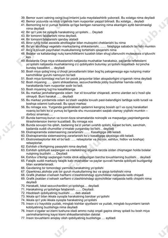 ta buzilishi bo‘lib, unda bemor harakatni boshlay olmaydi yoki oddiy o‘zboshimchalik harakatlarini bajara olmaydi. 18. .....–kelib chiqishiga ko‘ra turlicha bo‘lgan barcha nutq kamchiliklarining umumiy nomi. 19. .....xarakatlarning umumiy sustlashuvi. 20. tadqiqotchilardan qaysi biri dizartriyani sindromli yondashuv asosida tasniflagan 21. “r” tovushni nutqda qo‘llay olmasliik yoki noto‘g‘ri talaffuzi nima 22. …..-mayus kayfiyatdagi g‘amgin, dilxastalik xolatini bunda butun dunyo narasis bulib tuyiladi. 23. 5.7.9.10.12 juft nervlar zararlansa nutqda qanday ozgarish kuzatiladi 24. alohida mantiqiy grammatik qurilmalami buzilishi…. deyladi 25. aqli zaif bolalarni o‘qitish va tarbiyalash xaqidagi fan. 26. atrofdagilar nutqini tushunish nima deyiladi 27. atrofdagilar uchun ahamiyatsiz bo’lgan tovushlarga sezgirlikning yuqoriligi nima deyiladi 28. atrof-muhit talablariga mos ravishda inson psixikasining streotiplar dinamikasining qayta qurish xususiyati nima deb ataladi 29. avtomatik, ixtiyorsiz, maqsadsiz to‘satdan paydo bo‘ladigan ortiqcha harakatlar... deyladi 30. avvalgi xolatni tiklash jarayoni, yo‘qotilgan a’zolpr, to‘qimalarni tiklanishi qanday jarayon 31. axborotni uzoqda qabul qiluvchi retseptorlar qanday ataladi: 32. bel dumg‘aza zonasida vegetativ …