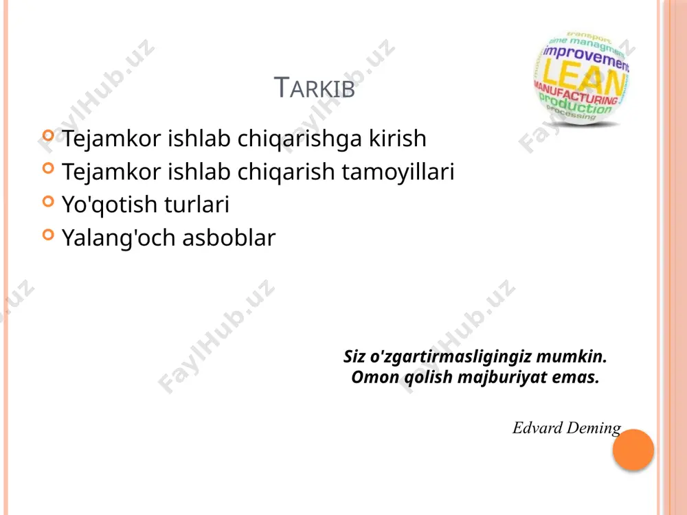 ish quvvatlaridan samarali foydalanish va uni saqlash xarajatlari o'rtasidagi mukammal mutanosiblikni ta'minlovchi tizim bo'lib, buzilishlar va to'xtab qolish vaqtlarini qisqartirish, shuningdek, unumdorlikni oshirish va uskunalarni yaxshilash orqali. tpm ishlab chiqarish ob'ektlarini loyihalash, foydalanish va texnik xizmat ko'rsatishni o'z ichiga oladi tpm ning maqsadi - uskunaning ishlashi va ishlatilishi uchun optimal sharoitlarni ta'minlash tpm dan foydalanish blankalar va tayyor mahsulotlardagi rad etishlarni 3-10 baravar kamaytirish imkonini beradi. gemba haqiqiy joy gemba - bu qiymat yaratish ishlari amalga oshiriladigan haqiqiy joy faktlarni buzilmagan shaklda ko'rishingiz mumkin bo'lgan yagona joy - bu harakat sodir bo'ladigan joy (gemba), to'plangan ma'lumotlarga asoslanib (ko'pincha sub'ektiv), muammoning haqiqiy sababini aniqlash qiyin. smed tez almashtirish smed - uskunani almashtirish va qayta jihozlash xarajatlari va isrofgarchiliklarini kamaytirish usuli. bu nazariy va amaliy usullar to'plami bo'lib, uskunani sozlash va almashtirish operatsiyalari vaqtini 10 daqiqagacha qisqartirishi mumkin. "tez o'zgartirish" tamoyillari barcha turdagi jarayonlarga qo'llanilishi mumkin. shigeo shingo smed tizimini ishlab chiqish …