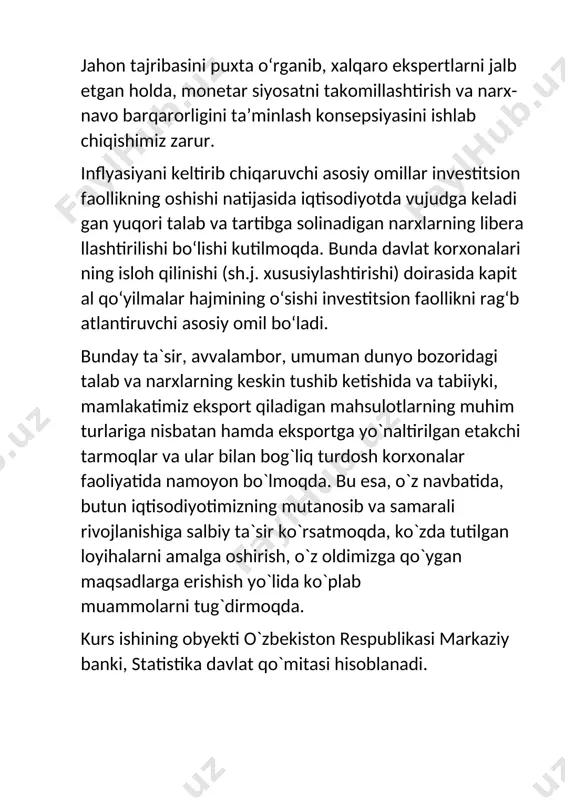 gan: inflyatsiyaning o’rtacha yillik darajasi 50 foizga yaqin bo’lgan mamlakatlarda davlat byudjeti defitsitining yaimdagi salmog’ini 1 foizli punktga qisqarishi inflyatsiyaning 8,75 foizli punktga pasayishiga olib keladi. bunda davlat byudjeti defitsiti va inflyatsiya o’rtasidagi sezilarli statistik bog’liqlik nafaqat yuqori inflyatsiya sharoitida, balki oqilona inflyatsiya sharoitida ham kuzatildi. shuni alohida ta’kidlash joizki, rivojlangan sanoat mamlakatlarida va inflyatsiya darajasi juda past bo’lgan mamlakatlarda davlat byudjeti defitsiti va inflyatsiya o’rtasidagi sezilarli bog’liqlik tadqiqot jarayonida kuzatilmagan. bu esa, l.katao va m.terronzalarning fikriga ko’ra, quyidagi omillar bilan izohlanadi: hukumatga nisbatan ishonchning yuqori ekanligi; markaziy banklar mustaqilligining institutsional jihatdan himoyalanganligi; moliya tizimining rivojlanganligi. iqtisodiy adabiyotda inflyatsiya va iqtisodiy o’sish o’rtasidagi aloqadorlik masalasida kesin munozarali fikrlar, xulosalar mavjud. bir guruh iqtisodchi olimlar, shu jumladan, g.xess va ch.morrislarning fikriga ko’ra, baholarning sezilarsiz darajadagi o’sishi ham iqtisodiy o’sishga salbiy ta’sir ko’rsatadi4. ularning fikriga ko’ra, baholarning unchalik sezilarli darajada bo’lmagan o’sishi ham inflyatsiya dinamikasidagi noaniqlikni kuchaytiradi. bu esa, o’z navbatida, tijorat …