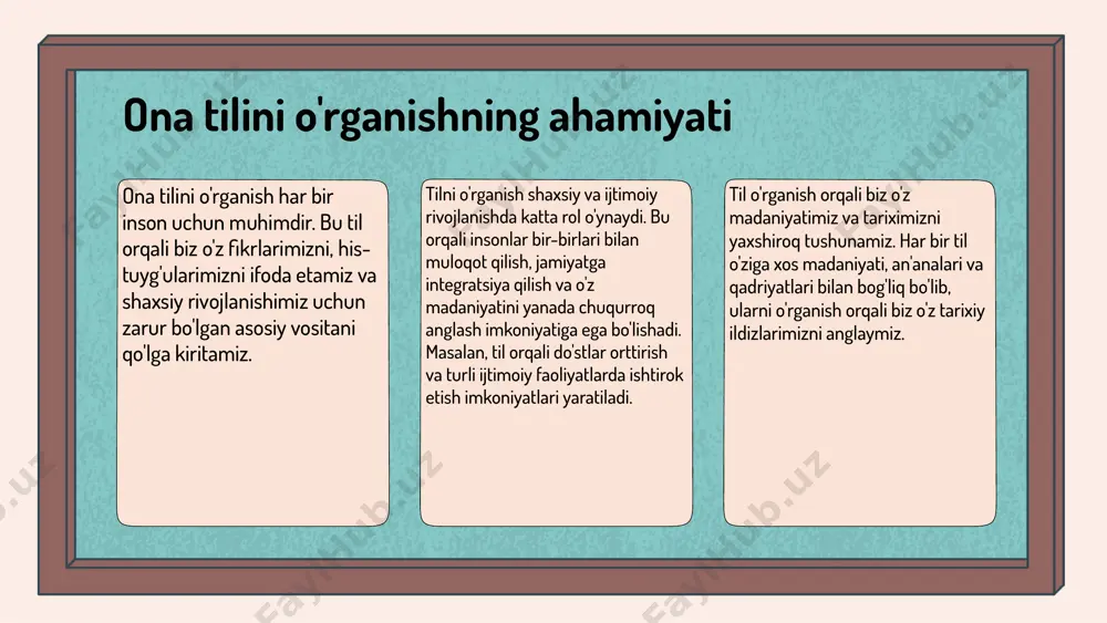 etish orqali yaxshiroq tushunilishiga yordam beradi. o'qituvchilar uchun foydali resurslar: - khan academy: bepul onlayn ta'lim resurslari. - google classroom: o'qituvchilarga darslarni boshqarish uchun platforma. - edmodo: o'quvchilar va o'qituvchilar o'rtasida aloqa o'rnatish uchun vosita. savodxonlikni baholash va rivojlantirish strategiyalari - savodxonlikni baholash usullari: - testlar va anketalar - o'quvchilarning ishlarini tahlil qilish - sinovlar va o'quv jarayonidagi kuzatuvlar o'quvchilarning natijalarini kuzatish muhimdir. bu jarayon o'quvchilarning bilim va ko'nikmalarini aniqlashga yordam beradi. o'qituvchilar o'z darslarining samaradorligini baholashlari va kerakli o'zgarishlarni amalga oshirishlari mumkin. rivojlantirish strategiyalari va ularning samaradorligi: - o'quvchilarga individual yondashuv - guruhli o'qitish metodlari - o'qituvchilarni professional rivojlantirish dasturlari. ona tilida ta'lim berishning zamonaviy tendentsiyalari zamonaviy ta'limda ona tilida ta'lim berishning ahamiyati oshmoqda. bu jarayon, o'quvchilarning ona tilidagi bilimlarini rivojlantirishga, madaniyati va identitetini saqlab qolishga yordam beradi. global va mahalliy kontekstda ta'limda ko'plab o'zgarishlar yuz bermoqda. o'zbekistonning ta'lim tizimi, xalqaro tajribalarni inobatga olib, ona tilida ta'limni mustahkamlashga harakat …