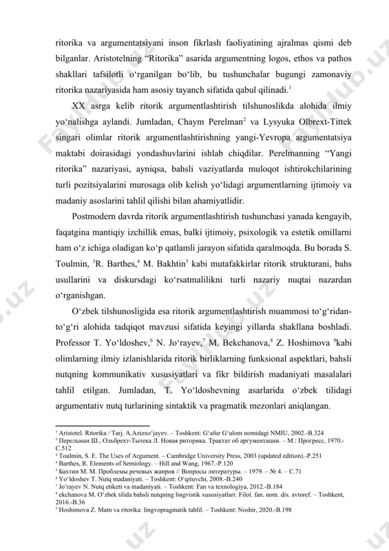 utqning lingvistik xususiyatlari: filol. fan. nom. dis. avtoref. – toshkent, 2016.-b.36 ] [8: hoshimova z. matn va ritorika: lingvopragmatik tahlil. – toshkent: noshir, 2020.-b.198] kurs ishining obyekti. ushbu kurs ishining obyekti-insonlar bilan mulo-qotda, xususan, nutqiy jarayonlarda qo‘llaniladigan ritorik argumentlashtirish hodisasidir. ya’ni, bu ishda argumentativ nutq faoliyatining ijtimoiy, lingvistik va kommunikativ xususiyatlari o‘rganiladi. kurs ishining predmeti. kurs ishining predmeti-argumentlashtirishning ritorik usullari, uslublari va lingvopragmatik vositalari. ayniqsa, og‘zaki va yozma nutqda fikrni ishonarli tarzda ifodalashda qo‘llaniladigan dalillar, mulohazalar va bahs yuritish shakllari tahlil qilinadi. kurs ishining maqsadi. kurs ishining maqsadi-nutqiy faoliyatda qo‘lla-niladigan ritorik argumentlashtirishning nazariy asoslarini yoritish, uning lingvistik ko‘rinishlarini tahlil qilish hamda zamonaviy kommunikativ vaziyatlardagi amaliy ahamiyatini ochib berishdan iborat. ushbu maqsadga erishish uchun quyidagi ilmiy-amaliy vazifalar belgilandi: -ritorik argumentlashtirish tushunchasining tarixiy va nazariy asoslarini o‘rganish; -argumentlashtirish va ritorikaning o‘zaro bog‘liqligini izohlash; -tilshunoslikda ritorik argumentlashtirishni o‘rganish bo‘yicha yondashuvlarni tahlil qilish; -og‘zaki va yozma nutqda qo‘llaniladigan asosiy argumentlashtirish vositalarini aniqlash; -ritorik argumentlarning …