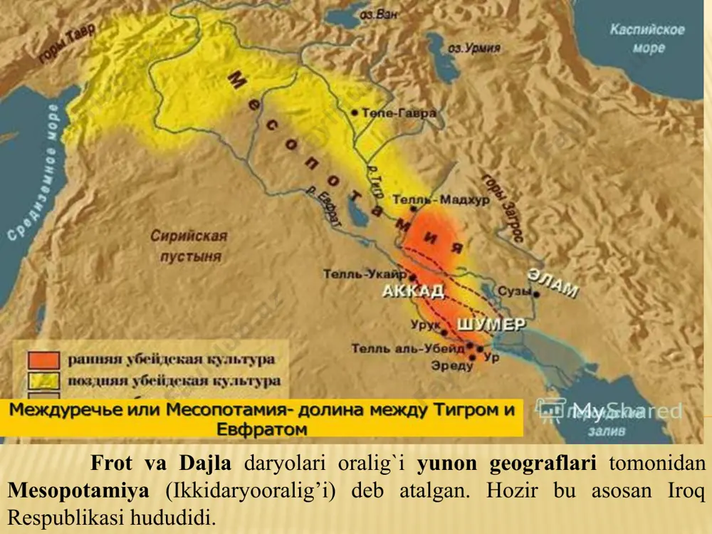 va shimolida akkadlar yashaganlar. mesopotamiyaning eng qadimgi davlatlari – shumer hududida paydo bo’lgan. mesopotamiyaning eng qadimgi davlatlari ur, uruk, lagash, umma, kish, larsa, nippur va boshqalar hisoblangan. eng qadimgi shumer shahar davlatlari tepasida “en” (janob) – oliy kohin turgan. miloddan avvalgi iii ming yillik o’rtalarida “en” o’rniga – “ensi” (kohin-quruvchi, shahar boshqaruvchisi) va “lugal” (katta odam, podsho) paydo bo’ldi. lagash ensisi gudea (taxminan er. avv. xxii asr) xaykali er. avv. 2600-yilda uruk podsho gil’gamesh (er. avv. xxvii asr oxiri – xxvi asr boshlari) davrida kuchaygan. gil’gamesh butun shumerni birlashtirgan. gil’gamesh xaqida qadimiy epos mavjud. uruk podshosi gil’gamesh (er. avv. xxvii asr oxiri – xxvi asr boshlari). er. avv. xxiv – xxii asrlarda mesopotamiyaning shimolida akkad davlati mavjud bo’lgan. bronzadan yasalgan “sargon i niqobi”. bog’doddagi iroq milliy muzeyi. akkad davlati asoschisi sargon i (sharrukin – “xaqiqiy podsho”, er. avv. 2316-2261) bo’lib, u shumerni va mesopotamiyani katta qismini bo’ysundirgan. “sargon i xayot …