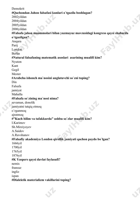 r ifoda etadi,ayrim olingan real narsalar emas,balki ular umumiy tushunchalarni hosilasi degan ta'limotni qaysi oqim ilgari surgan? realizm nominalizm moniylik mazdakiylar #umumiy tushunchalar narsalardan oldin emas balki narsalar undan oldin paydo bo'ladi, degan g'oyani kimlar bergan? nominalizm mutazaliylar sufiylik mutakalimlar #uyg'onish davri evropa faylasuflaridanqaysi biri "barcha narsalar xudodabo'lgani kabi xudo barcha narsalardadir" degan g'oyani ilgari surgan? n.kuzanskiy t.mor f.bekon n.kopernik #geliosentrizm nazariyaga kim asos solgan? n.kopernik jordano bruno t.mor g.galiley #fan dindan ajralishi, tabiat va inson fanning o'rganish ob'ekti bo'lishikerak,degan fikrni uyg'onish davri evropa faylasuflaridan kim aytgan? g.galiley n.kopernik r.dekart spinoza #inson ilohiy ruhni bitta zarrachasi, u o'lganidan keyin o'sha ilohiy ruhgako'shilib ketadi, degan g'oyani qaysi oqim tarafdorlari aytgan? sufiylar mutakolomlar mutazaliylar nominalistlar #yangi davr ovropa faylasuflaridan qaysi biri tajriba orqali olingan materiallarni miyada qayta ishlab induktiv metodni qo'llagan holda xulosa chiqarishni taklif etgan? f.bekon r.dekart n.kuzanskiy j.russo #shubha danakni qum va tuproqdan tozalaydi. hamma narsaga shubxa bilan qarash falsafiy …