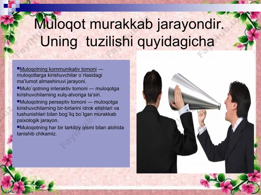 uhlari tashkil etmog‘i va shu yo‘sinda ham o‘zining, ham atrofdagilarning bilimdonligini oshirib bormog‘i zarur. muloqot – odamlarning birgalikdagi faoliyatlari ehtiyojlaridan kelib chiqadigan turli faolliklari mobaynida bir-birlari bilan o‘zaro munosabatlarga kirishish jarayonidir. ya’ni, har bir shaxsning jamiyatda ado etadigan ishlari (mehnat, o‘qish, o‘yin, ijod qilish va boshqalar) o‘zaro munosabat va o‘zaro ta’sir shakllarini o‘z ichiga oladi. chunki har qanday ish odamlarning bir-birlari bilan til topishishini, bir-birlariga turli xil ma’lumotlarni uzatishni, fikrlar almashinuvi kabi murakkab hamkorlikni talab qiladi. shuning uchun ham har bir shaxsning jamiyatda tutgan o‘rni, ishlarining muvaffaqiyati, orttirgan obro‘si uning muloqotga kirisha olish qobiliyati bilan bevosita bog‘liqdir. “muloqot shunchalik ko‘p qirrali jarayonki, unga bir vaqtning o‘zida quyidagilar kiradi: a) individlarning o‘zaro ta’sir jarayoni; b) individlar o‘rtasidagi axborot almashinuvi jarayoni; v) bir shaxsning boshqa shaxsga munosabati jarayoni; g) bir kishining boshqalarga ta’sir ko‘rsatish jarayoni; d) bir-birlariga hamdardlik bildirish imkoniyati; ye) shaxslarning bir-birlarini tushunishi jarayoni. muloqotning turli shakllari yoki bosqichlari mavjud bo‘lib, …