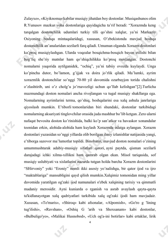 glovchilar orasida juda mashhur bo’lib ketgan. zero ularni nafaqat bevosita doston ko’rinishida, balki ko’p san’atkor va havaskor xonandalar toonidan erkin, alohida-alohida ham kuylash xorazmda odatga aylangan. xorazm dostonlari yuzasidan so’nggi yillarda olib borilgan ilmiy izlanishlar natijasida yangi, e’tiborga sazovor ma’lumotlar topildi. binobarin, mavjud doston nomalari o’zining umummushtarak adabiy-musiqiy sifatlari qatori, ayni paytda, qisman sezilarli darajadagi ichki xilma-xillikni ham qamrab olgan ekan. misol tariqasida, sof musiqiy uslubiyati va xislatlarini nazarda tutgan holda barcha xorazm dostonlarini “shirvoniy” yoki “eroniy” nomli ikki asosiy yo’nalishga, bir qator ijod va ijro “maktablariga” mansubligini qayd qilish mumkin.xalqimiz tomonidan ming yillar davomida yaratilgan og'zaki ijod namunalari o'zbek xalqining tarixiy va qimmatli madaniy merosidir. ayni kuniarda о rganish va asrab avaylash qayta-qayta ta'kidlanayotgan xalq qadriyatlari tarkibida xalq og'zaki ijodi ham mavjudair. xususan, «to'maris», «shiroq» kabi afsonalar, «alpomish», «go'ro g 'lining tug'ilishi», «ravshan», «oshiq g 'arih va shoxsanam» kabi dostonlar, «bulbuligo'yo», «malikai husnobod», «uch og'a-ini botirlar» kabi ertaklar, lirik …