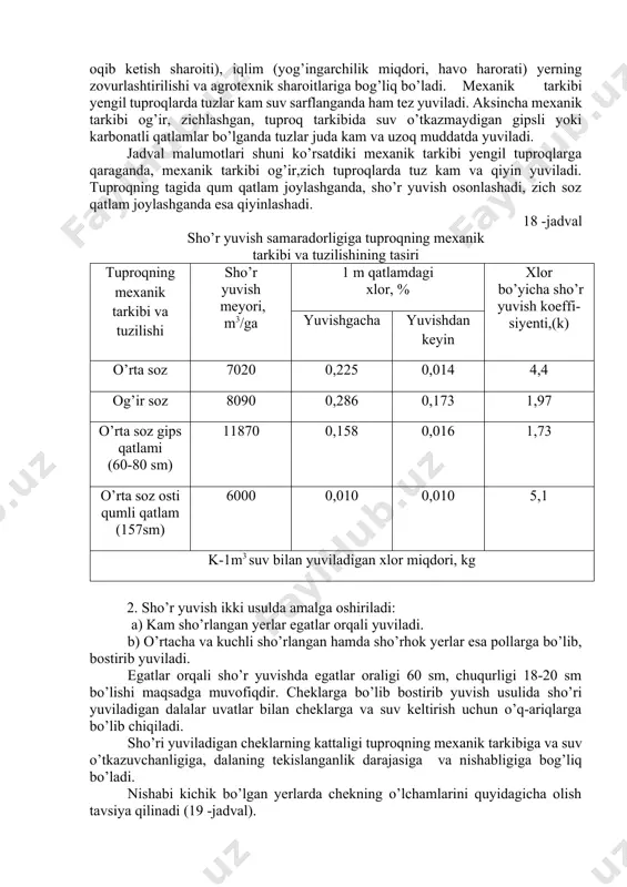 ning suv-fizik xossalari, tuproqning sho’rlanish darajasi va sho’rlanish tipi, sizot suvlarining joylashish chuqurligi va ularning minerallashganlik darajasi,yerlarning zovurlashtirilganlik darajasi, sho’r yuvish uchun o’tkaziladigan agrotadbirlar, sho’r yuvishni tashkil qilish. sho’r yuvish samaradorligiga tuproq (mexanik tarkibi, suv- fizik xossasi, sho’rlanish darajasi, sho’rlanish tipi), gidrogeologik (sizot suvlarining chuqurligi va oqib ketish sharoiti), iqlim (yog’ingarchilik miqdori, havo harorati) yerning zovurlashtirilishi va agrotexnik sharoitlariga bog’liq bo’ladi. mexanik tarkibi yengil tuproqlarda tuzlar kam suv sarflanganda ham tez yuviladi. aksincha mexanik tarkibi og’ir, zichlashgan, tuproq tarkibida suv o’tkazmaydigan gipsli yoki karbonatli qatlamlar bo’lganda tuzlar juda kam va uzoq muddatda yuviladi. jadval malumotlari shuni ko’rsatdiki mexanik tarkibi yengil tuproqlarga qaraganda, mexanik tarkibi og’ir,zich tuproqlarda tuz kam va qiyin yuviladi. tuproqning tagida qum qatlam joylashganda, sho’r yuvish osonlashadi, zich soz qatlam joylashganda esa qiyinlashadi. 18 -jadval sho’r yuvish samaradorligiga tuproqning mexanik tarkibi va tuzilishining tasiri tuproqning mexanik tarkibi va tuzilishi sho’r yuvish meyori, m3/ga 1 m qatlamdagi xlor, % …