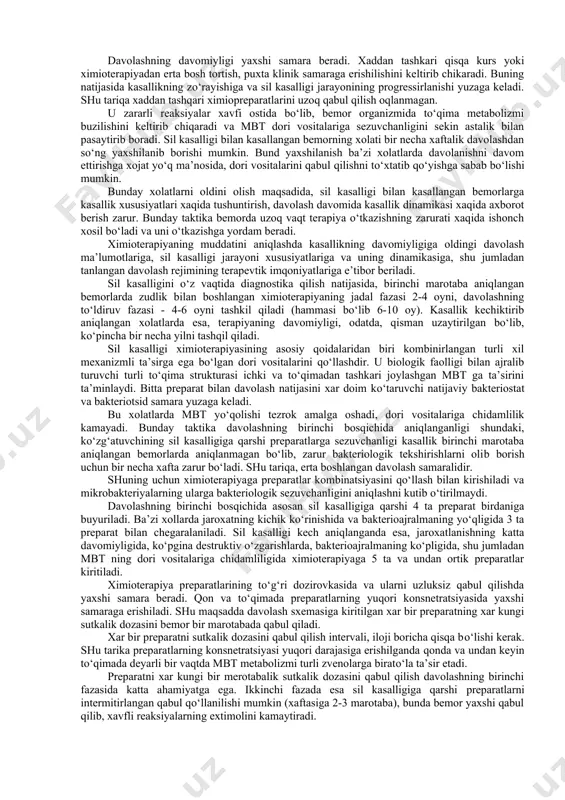 k va nospetsifik vositalar, sanator-kurort davolanishlar qo‘llaniladi. ximioterapiya sil kasalligining turli shakllarini davolashda va lokalizatsiyasida, mbtga samarali ta’sir etuvchi xususiyatga ega bo‘lgan dori vositalari qo‘llaniladi. bu hamma vositalar sil kasalligiga qarshi dori vositalar, o‘tkazilayotgan terapiya - antibakterial yoki etiotrop, ya’ni sil kasalligini ko‘zg‘atuvchisiga ta’sir etuvchi deb ataladi. qisqartirish va qulaylik uchun "ximioterapiya" termini keng qo‘llanildi. sil kasalligining ximioterapiya prinsiplariga o‘tgan asrning 50-​yillarida asos solingan bo‘lib, keyingi o‘n yilliklarda fizioterapiya, farmakologiya, tibbiyotning taraqqiyoti bilan birgalikda mukammalikka erishildi. ular ishlab chiqarilgan standartlarda o‘z aksini topdi, normativ xujjatlarda tasdiqlandi va ximioterapiyaning asosini tashqil etdi. samarali ximioterapiya uchun sil kasalligi ko‘zg‘atuvchisini zudlik bilan yo‘qotish va asosiy sil kasalligiga qarshi dori vositalariga chidamlilikka ega bo‘lgan mutantlikni xosil bo‘lishini oldini olishdan iborat. sil kasalligi ximioterapiyasi ikki bosqichdan iborat. birinchi bosqich - davolashning jadal fazasi. uni mbt ning iloji boricha maksimal sonini yo‘qotish va bakterial populyasiyani sezilarli darajada kamaytirish uchun o‘tkaziladi. davolashning jadal fazasi kasallikning o‘tkir ko‘rinishini …