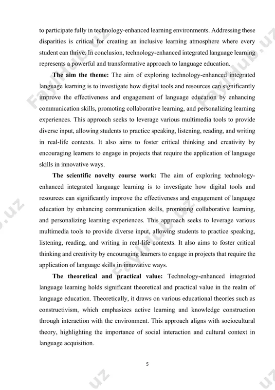 technology-enhanced integrated language learning is an evolving educational approach that leverages digital tools and technological advancements to improve the acquisition of multiple language skills in a cohesive manner. unlike traditional language learning models that often separate listening, speaking, reading, and writing into distinct components, integrated language learning emphasizes the interconnection of these skills, reflecting how languages are used in real-world communication.[footnoteref:2] the integration of technology into this model enhances its effectiveness by providing learners with immersive, interactive, and adaptable learning experiences tailored to their individual needs. the theoretical foundations of technology-enhanced integrated language learning stem from cognitive, sociocultural, and constructivist perspectives, which emphasize the role of interaction, authentic engagement, and active learning in language acquisition. in practice, this approach is implemented through various digital tools, such as online communication platforms, virtual reality environments, artificial intelligence-driven learning assistants, and multimedia resources, each contributing to a holistic language learning experience. the theoretical …