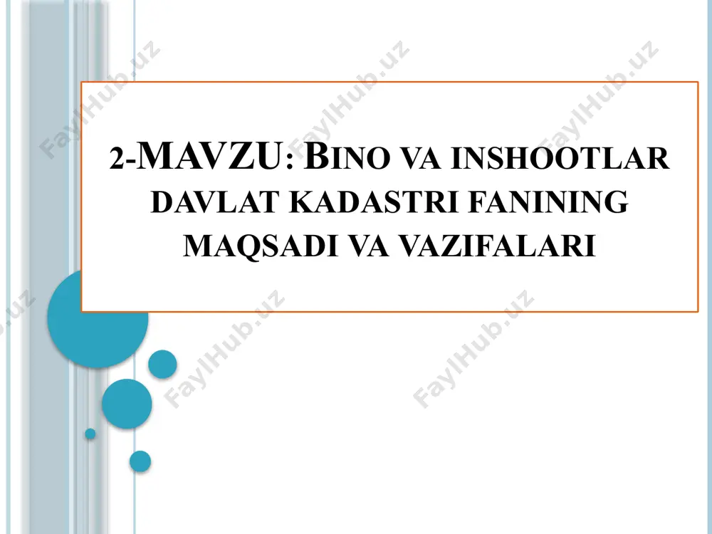ʼlgan huquqning davlat roʼyxatidan oʼtkazilganligi toʼgʼrisida ilgari berilgan hujjatlarni davlat roʼyxatidan oʼtkazuvchi organga qaytarishga majbur va ushbu hujjatlar oʼz kuchini yoʼqotgan deb hisoblanadi. oʼzbekiston respublikаsi vаzirlаr mаhkаmаsining qаrori 1060-son 29.12.2018 koʼchmаs mulk obъektlаrigа boʼlgаn huquqlаrni dаvlаt roʼyxаtidаn oʼtkаzish tаrtibini tаkomillаshtirish chorа-tаdbirlаri toʼgʼrisidа koʼchmаs mulk obъektlаrigа boʼlgаn huquqlаrni dаvlаt roʼyxаtidаn oʼtkаzish tаrtibini tаkomillаshtirish chorа-tаdbirlаri toʼgʼrisidа belgilansinki, 2018 yil 1 iyuldan keyin tadbirkorlik va shaharsozlik faoliyatini amalga oshirish uchun berilgan yer uchastkalariga boʼlgan huquqlarning davlat roʼyxatidan oʼtkazilishi, qonun hujjatlarida nazarda tutilgan hollarni istisno etganda, «e-ijro auksion» yagona elektron savdo maydonchasida oʼtkazilgan elektron auktsion natijalari haqidagi bayonnoma asosida amalga oshiriladi. kаdаstr yigʼmа jildi kadastr yigʼma jildi — obʼektning koʼchmas mulk obʼektiga boʼlgan huquqlarni shakllantirish, hisobga olish va keyinchalik davlat roʼyxatidan oʼtkazish uchun zarur boʼlgan kadastr suratiga olish, texnik xatlovdan oʼtkazish va pasportlashtirish, maxsus tekshirish va tadqiqotlarning, sifat va qiymat jihatdan baholashning hujjatlari, materiallari va maʼlumotlari elektron jamlanmasi; mustaqil o’rganish uchun savollar koʼchmas mulk …
