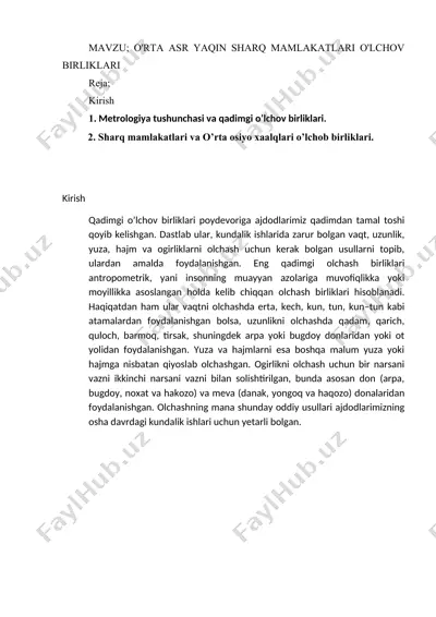 o'rta asr yaqin sharq mamlakatlari o'lchov birliklari — DOCX