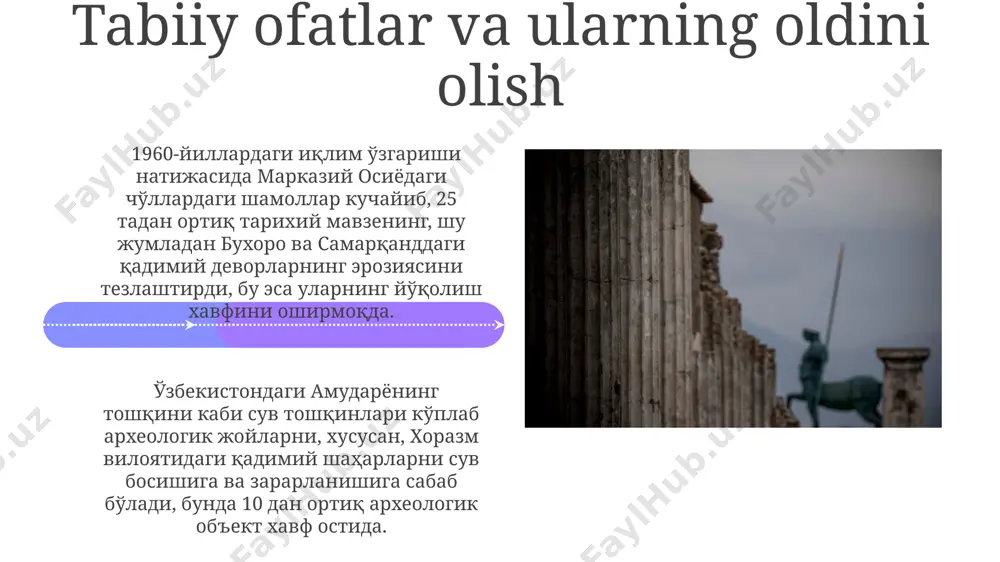 -асрда қурилган исломхон мадрасасининг таъмирлаш ишларида 200 дан ортиқ мутахассис ва 50 дан ортиқ ҳунарманд иштирок этди. самарқанддаги регистон майдонидаги тарихий биноларни муҳофаза қилиш учун 2022 йилдан бери 3 миллион доллардан ортиқ маблағ ажратилди, бу ердаги 3 та мадрасани ҳимоя қилишга йўналтирилган. kelajakdagi rejalar va istiqbollar buxoro shahridagi tarixiy madaniy meros obyektlarini ta'mirlash va tiklash bo'yicha 5 yillik dastur doirasida 10 dan ortiq muhim obidani qayta tiklash ishlari amalga oshiriladi. xorazm viloyatida joylashgan ayvonlar majmuasini va uning atrofidagi 2 gektar maydonni 2024-yilga qadar to'liq muhofaza qilish va landshaft dizaynini yaratish rejalashtirilgan. moliyalashtirish va mablag' ajratish toshkentdagi amir temur muzeyini modernizatsiya qilish uchun xususiy investorlar tomonidan 3 million dollar sarmoya jalb qilindi, bu esa jamoatchilik-xususiy sheriklikning muhim rolini namoyon qiladi. xorazm viloyatining qadimiy qalʼalari va masjidlarini tiklash uchun jahon banki tomonidan 5 yillik muddatga 10 million dollar miqdorida grant ajratildi, bu loyiha 2024-yilda yakunlanadi. madaniy merosni himoya qilish qonunlari ўзбекистон республикасининг …