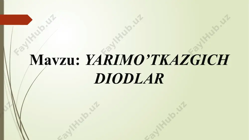 gich diodlar asosidagi to’g’rilagichlar ulardagi diodlar soni va ulanish sxemalari bilan farqlanadi. to’g’rilagichlarning ba’zi sxemalari bilan tanishamiz. yarimo’tkazgich diod asosidagi, aktiv yuklamaga ulangan, bir fazali, yarim davrli sodda to’g’rilagich sxemasi 2-rasmda keltirilgan. ikki fazali, to’liq davrli to’g’rilagich sxemasi 3-rasmda kelti-rilgan. rasmda keltirilgan sxema parallel ulangan ikkita bir fazali to’g’rilagichlardan tuzilgan. stabilitron deb sxemalarda kuchlanish qiymatini barqaror (stabil) saqlab turuvchi yarimo’tkazgich asbobga aytiladi. stabilitron sifatida vaxida tok qiymati keskin o’zgarganda kuchlanish deyarli o’zgarmaydigan soha mavjud bo’lgan elektron asboblardan foydalaniladi. bunday soha kremniyli yarimo’tkazgich diod elektr teshilish rejimida ishlaganda kuzatiladi. shuning uchun yarim-o’tkazgich stabilitron sifatida kremniyli diodlardan foydalaniladi. stabilitronlarning sxemada shartli belgilanishi 3.a va b-rasmlar-da, vaxi esa 3 d-rasmda keltirilgan. varikaplar elektr boshqariluvchi sig’im vazifasini o’taydilar. ularning ishlash prinsipi p-n o’tish barer sig’imining teskari siljituvchi kuchlanishga bog’liqligiga asoslanadi. varikaplar asosan tebranish konturlar chastotasini sozlash uchun ishlatiladi. elektr o’tish sig’imini boshqarishga asoslangan parametric diodlar o’ta yuqori chastotali signallarni kuchaytirish va generatsiyalash uchun, ko’paytuvchi …