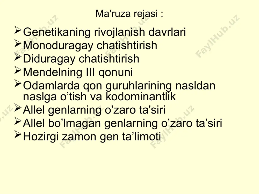 а f а ┤ ├а а ┤├а а ┤├а а┤├а monogeterozigot organizm (aa) ikki xil gameta hosil qiladi: aa a a digeterozigot organizm 4 xil gameta hosil qiladi: aabb a a b b b b ab ab ab ab trigeterozigot organizm 8 xil gameta hosil qiladi: aabbcc aabca abc abc abc abc abc abc abc xromosoma darajasi to'liq birikish (meyozda krossingover kuzatilmaganda) mendelning 3- qonuni (mustaqil irsiylanish) genlar nogomolog xromosomalarda joylashganda yuzaga chiqadi. genlar 1 xromosomada joylashsa birikkan irsiylanish yuzaga chiqadi (morgan) chala birikish ( krossingover natijasida ) morganida – meyozda 1% krossover gametalar hosil bo'ladigan ikkita gen orasidagi masofa genom darajasi genlar – yaxlit sistema genotip – diploid to'plamdagi genlar majmuasi genom – gaploid to'plamdagi genlar majmuasi genlarning o'zaro ta'siri 1. allel genlar o'zaro ta'siri (oddiy belgilar rivojlanadi) tiplari: dominantlik resesivlik kodominantlik oraliq o'ta dominantlik nisbiylik ko'p allellik тўла доминантлик чала доминантлик allel genlarning o’zaro ta’siri 1. to’liq dominantlikda …
