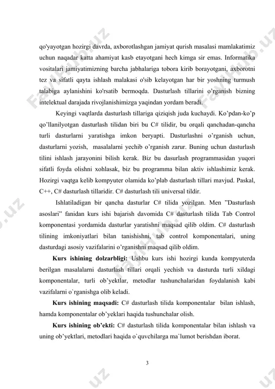 (1-rasm) 1-rasm. form oynasini hosil qilish komponentalar form oynasi hosil qilingach paydo bo’ladi. komponentalarni shaklga o’rnatish uchun komponentlar palitrasidagi kerakli piktogramma tanlanadi, so’ngra shaklning komponenta joylanishi kerak bo’lgan joyi tanlanadi. komponentalar windows form oynasida da joylashgan bo’ladi. yoki view menyusidan tool ni tanlab bizga kerakli komponentalarni ko’rishimiz mumkin. (2-rasm) 1-rasm. komponentalar oynasini hosil qilish komponentalar oynasi quyidagi asosiy komponentalardan tashkil topadi: · textbox · label · combobox · picturebox · progressbar · button · checkbox · radiobutton · datetimepicker · listbox · panel · tabcontrol · masked textbox · listview · datetimepicker · domainupdown · month calendar · numericupdown · rich textbox button komponentasi button komponentasi (uzb “tugma”, рус “кнопка”) windows forms komponentalar guruhida joylashgan. bu komponenta form oynasining istalgan joyiga joylashtiriladi va sichqoncha tugmasini button komponentasining ustida bosilgan paytda biror bir funksiyani amalga oshiradi. button komponentasi asosiy xossalari quyidagilar: backcolor- ushbu xossa orqali tugmachaning orqa rangini tanlashimiz mumkin.backgroundimage- bu …