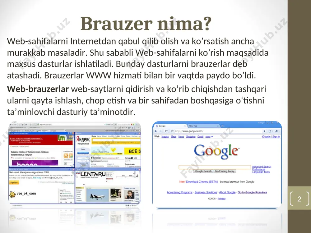 43 % tashkil etgan. tallinna teeninduskool - teko opera opera - opera software asa kompaniyasi tomonidan yaratilgan web-brauzer va dasturiy paketdir. bu brauzer c++ dasturlash tilida yozilgan bo’lib yuqori tezlikka ega va asosiy web-texnologiyalar bilan moslanuvchan. uzoq vaqt operaning boshqa brauzerlardan asosiy farqli tomoni, vkladkalar yordamida ko’p sahifalarni ko’rsata olishi va ko’rilayotgan hujjatni grafikalari bilan birga masstabini o’zgartira olishi edi. hozirda bu funksiya ko’pchilik boshqa brauzerlarga xam o’rnatildi. * opera brauzerning havfsizlik tizimiga quyidagilar kiradi: fishinglardan himoya; maxfiy axborotlarni so’rovlarini qo’shimcha kodlashtirish; http-cookieslarni o’chirich imkoniyati; ko’rib chiqilgan sahifalar tarixini o’chirish. * махthоn maxthon- maxthon international limited xitoy kompaniyasi tomonidan tashkil etilgan microsoft windows uchun yaratilgan tekin veb-brauzerdir . 16 aprel 2012 yil ma’lumotiga ko’ra foydalanuvchilar 650 mln.dan ortiq ma’lumotlar yuklab olishgan. * * 2012 yil bo’yicha brauzerlardan foydalanish statistikasi * статистика популярности браузеров 2012 * * mundarija brauzer nima? internet explorer mozilla firefox safari google chrome opera махtоn foydalanish statistikasi