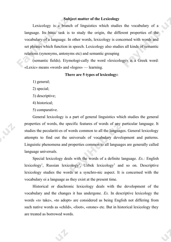 he vocabulary of two or more languages. in comparative lexicology the main characteristic features of the words of two or more languages are compared. ex. russian— english lexicology, english—french lexicology and etc. lexicology is closely connected with other aspects of the language: grammar, phonetics, the history of the language and stylistics. lexicology is connected with grammar because the word seldom occurs in isolation. words alone do not form communication. it is only when words are connected and joined by the grammar rules of a language communication becomes possible. on the other hand grammatical form andfunction of the word affect its lexical meaning.2 for example. when the verb «go» in the continuous tenses is followed by «to» and an infinitive, it expresses a future action. ex, he is not going to read this book. participle ii of the verb «go» following the link verb «be» denotes the negative meaning. ex. the …