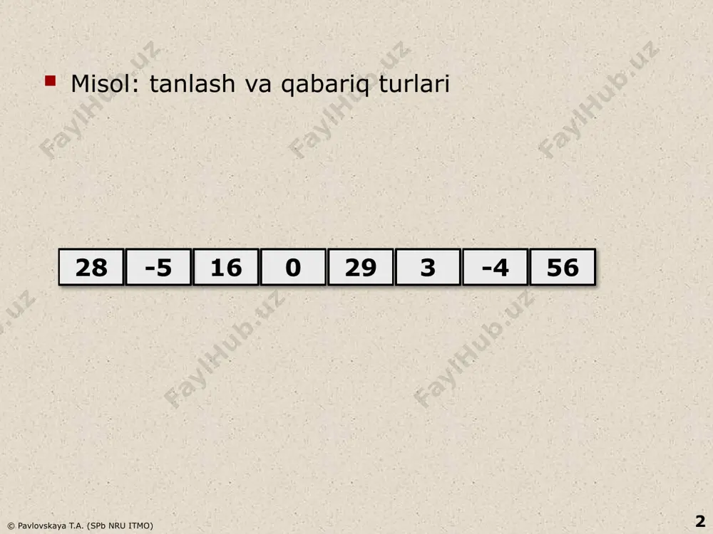 ni ko'rib chiqishni , bunday narsalar to'plamini amalga oshirish mumkin yoki yo'qligini (ya'ni, uning umumiy og'irligidan oshib ketishini) bilish uchun ularning har birining umumiy og'irligini hisoblashni o'z ichiga oladi. ryukzakning imkoniyatlari ) va tegishlilardan tanlash maksimal og'irlikdagi kichik to'plamlar. to'liq qidiruv barcha muammolar uchun amaliy emas, lekin uni qo'llash mumkin bo'lgan juda kichik muammolar. 3 parchalanish usuli bu, shuningdek, "bo'l va zabt et" usuli: vazifa namunasi bir xil vazifaning, ideal darajada bir xil o'lchamdagi bir nechta kichikroq nusxalariga bo'linadi. muammoning kichikroq holatlari hal qilinadi (odatda rekursiv, lekin ba'zida kichikroq misollar uchun boshqa algoritm qo'llaniladi). agar kerak bo'lsa, dastlabki muammoning echimi kichikroq misollarning echimlarini birlashtirish orqali topiladi. parchalanish usuli parallel hisoblash uchun ideal. © pavlovskaya t.a. (spb nru itmo) 4 algoritmlarni ishlab chiqishning eng mashhur usuli. bir qator juda samarali algoritmlar ushbu umumiy strategiyani amalga oshirishdir. har bir parchalanishga asoslangan algoritm qo'pol kuchga asoslangan algoritmdan ko'ra samaraliroq emas. 4 takroriy parchalanish …