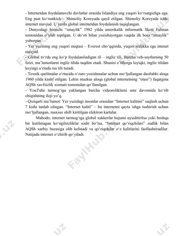 kasi oliy ta’lim, fan va innovatsiyalar vazirligi muhammad al‑xorazmiy nomidagi toshkent axborot texnologiyalari universiteti “tasdiqlayman” o‘zbek va rus tillari kafedrasi mudiri s.x.abdullayeva akademik yozuv fanidan yakuniy nazorat savollari 1. kompyuter dasturlari va o‘yinlariga ilmiy taqriz yozing. 2. “savol-javob” turi bo‘yicha konspekt yozing. 3. bbb texnologiyasi bo‘yicha jadval tuzib to‘ldiring. modemlar modem (modulyator-demodulyator) — aniq bir aloqa kanalida ishlatish uchun qabul qilingan signallarni to‘g‘ri (modulyator) va teskari (demodulyator) o‘zgartirish qurilmasidir. eng avvalo modem quyidagi vazifalarni bajarish uchun mo‘ljallangan: • uzatishda: keng polosali impulslarni (raqamli kodni) tor polosaliga (analog signallarga) o‘zgartirish; • qabul qilishda: qabul qilingan signalni holaqitlardan filtrlash va detektorlash uchun, ya’ni tor polosali analogli signalni raqamli kodga teskari o‘zgartirish. ma’lumotlarni uzatishda bajariladigan o‘zgartirish odatda ularning modulyatsiyasi bilan bog‘langan. modulyatsiya — bu signalning biror parametrini aloqa kanalida (modulyatsiya qilinadigan signalni) uzatilayotgan ma’lumotlarning joriy qiymatlariga mos ravishda (modulyatsiya qiladigan signalni) o‘zgartirishdir. demodulyatciya — bu modulyatsiya qilingan signalni (balki aloqa kanalidan o‘tish paytida …