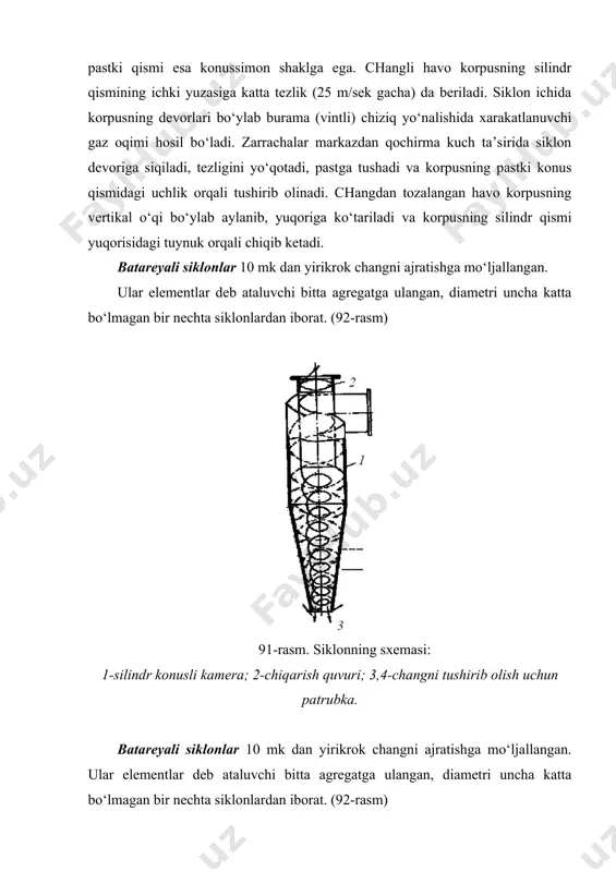 99 % gacha tozalanishini ta’minlaydi. ko‘pincha ularni siklonlardan keyin xavoni so‘nggi tozalash uchun, asbest fabrikalarida esa chang havoni bir martada tozalash uchun qo‘llaniladi. engli filtrlarni qurituvchi qurilmalardan chiqqan gazlarni tozalash uchun tavsiya etilmaydi. engli filtr zich to‘siqlar orqali seksiyalarga bo‘lingan kameradan iborat. 93 – rasmda engli filtr seksiyasining sxemasi tasvirlangan. g‘ovak matodan engchalar ko‘rinishida tayyorlangan filtrlovchi element 1 lar silkituvchi mexanizmga osilgan. changli havo oqimi 3 patrubka orqali yuqoridan zich plita 5 bilan yopilgan bunkerga beriladi. bu plitada skoba-obruch bilan mahkamlangan pastki qismi ochiq filtrlovchi engchalar maxkamlanadigan teshiklar mavjud. seksiya englari bilan 7 patrubka orqali bunkerdan changli havoni so‘rib oluvchi ventilyatorlar bilan bog‘langan. chang englarning ichki yuzasida ushlanib qoladi, changdan tozalangan xavo atmosferaga chiqarib yuboriladi. vaqti-vaqti bilan seksiya 8 klapan yordamida ventilyatordan uziladi, silkitgich mexanizmi 2 engni silkitadi va englarda cho‘kkan chang bunkerga to‘kiladi va shnek 10 yordamida tushirib olinadi. shu paytning o‘zida seksiyaga 9 patrubka orqali filtrlovchi matoni g‘ovaklarini …