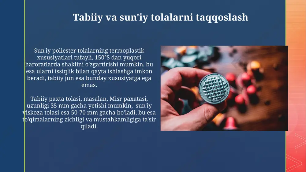 ardosh emas. o'zbekistonning "o'zstandart" agentligi tomonidan tasdiqlangan o'zdst 3625-2018 standarti, ipning yorug'likka chidamliligi sinash usullarini va minimal 5 ballli talablarini belgilaydi, bu esa mamlakat ichidagi sifatni nazorat qilish uchun muhim ahamiyatga ega. e'tiboringiz uchun rahmat @taqdimot_robot image4.jpg image5.jpg image6.jpg image7.jpg image8.jpg image9.jpg image10.jpg image11.jpg image12.jpg image13.jpg image14.jpg image15.jpg image16.jpg image17.jpg image18.jpg image19.jpg image20.jpg image2.png image3.png