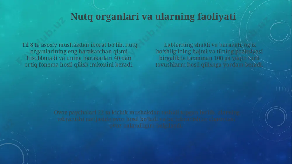 sosiy birligi fonema hisoblanadi, undan morfemalar, so’zlar, so’z birikmalari va gaplar hosil bo’ladi. o’rtacha bitta gapda 7-15 so’z bo’ladi. nutqning individual xususiyatlari leksik va grammatik xususiyatlar, masalan, so'z boyligi va sintaktik tuzilmalarning murakkabligi, nutqning individual xususiyatlarini aniqlashda muhim rol o'ynaydi, taxminan 1000 dan ortiq turli so'z birikmalarini o'z ichiga olishi mumkin. nutqning individual xususiyatlariga ovozning balandligi, tembri va intonatsiyasi kabi 3 ta asosiy akustik parametr ta'sir ko'rsatadi, bu parametrlar har bir inson uchun noyobdir. nutq tezligi va pauzalar soni, jumla uzunligi kabi parametrlar nutqning individual uslubini aks ettirib, taxminan 5-7 ta asosiy turga ajratish imkonini beradi. noverbal kommunikatsiya va nutq ekspressiv nonverbal kommunikatsiya - kuchli his-tuyg'ularni ifodalashda samarali bo'lib, nutqning ta'sirchanligini 2-3 marta oshirishi mumkin. noverbal kommunikatsiya nutqning 70-90%ini tashkil qiladi va xabarni tushunishda kalit rol o'ynaydi, shuning uchun yuz ifodalari, imo-ishoralar va tana tiliga e'tibor qaratish muhim. nutqdagi pauzalar va intonatsiya kabi nonverbal elementlar xabar mazmunini 30% ga o'zgartirishi …