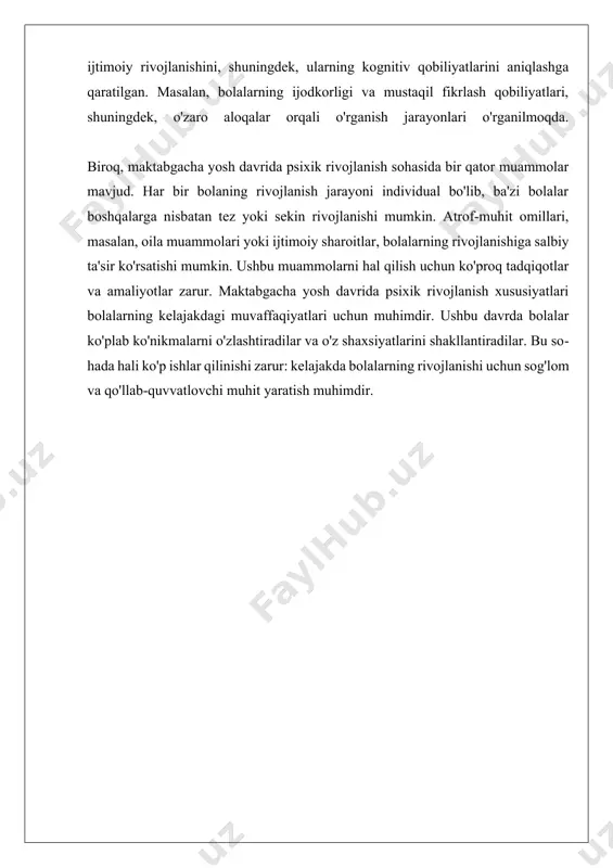 h uchun turli strategiyalarni o'rgatishlari kerak. masalan, bolalarga his-tuyg'ularini so'zlab berish, o'z his-tuyg'ularini tan olish, va o'zlarini qanday his qilishlarini tushuntirishni o'rganishlari muhimdir. bu borada o'qituvchilar va ota-onalarning roli juda kuchlidir, chunki ular bolalar uchun emotsional ko'nikmalarni rivojlantirishda muhim namuna bo'lib xizmat qiladilar. ushbu jarayonlarda, bolalar o'z his-tuyg'ularini boshqarishni o'rganish bilan birga, boshqa odamlarning his-tuyg'ularini ham tushunish va ularga nisbatan empatiya ko'rsatishni o'rganadilar. empatiya, bolalarning ijtimoiy aloqalarini kuchaytiradi va ularning do'stlik munosabatlarini rivojlantiradi. bu holat, bolalar o'zaro muloqotda bo'lganida va muammolarni hal etishda yordam berishi mumkin. shu bilan birga, bolalarning emotsional rivojlanishiga ta'sir ko'rsatadigan bir qator omillar mavjud. atrof-muhit, oila iqlimi, va bolalarning o'ziga xos xususiyatlari emotsional rivojlanishga ta'sir ko'rsatadi. misol uchun, ijtimoiy va iqtisodiy sharoitlar, oilaviy muammolar, va bolalarning o'zaro aloqalari ularning emotsional salomatligiga ta'sir ko'rsatishi mumkin. shuningdek, psixologlar bolalar emotsional rivojlanishini qo'llab-quvvatlash uchun turli usullar va dasturlarni ishlab chiqdilar, bu esa bolalar uchun sog'lom rivojlanish muhitini yaratishga yordam …