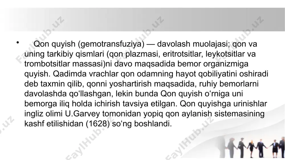 shini bartaraf etish. koagulyatsiya buzilishlarini bartaraf etish. immunitet tanqisligi holatlarini davolash. metabolik va mikrosirkulyatsiya buzilishlarini bartaraf etish. mastlikni davolash. foydalanilgan adabiyotlar: https://uz.wikipedia.org/wiki/qon_o%ca%bbrnini_bosuvchi_suyuqliklar https://uz.tierient.com/qon-quyish-qoidalari/ https://uz.wikipedia.org/wiki/qon_guruhlari e’tiboriz uchun tashakkur image1.jpeg image2.png image3.png image4.png image5.png image6.png image7.png image8.png /docprops/thumbnail.jpeg