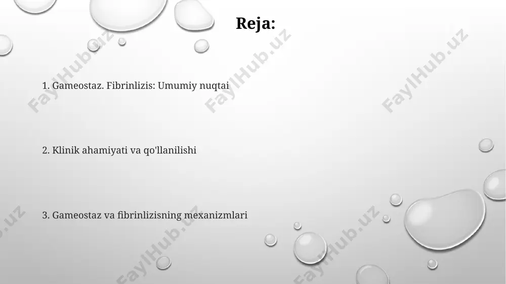 va fibrinlizisning rol gemostaz buzilishi trombotsitlar sonining 150,000/mkl dan kam bo‘lishi yoki koagulyatsiya faktorlarining yetishmasligi bilan tavsiflanadi, bu esa fibrinlizisni faollashtirib, qon ketish xavfini oshiradi. fibrinlizis jarayonida plazminogen aktivatorlari, masalan, tpa va upa, fibrinni parchalaydigan plazminga aylanadi, bu esa 2-3 soat ichida qon quyqalarini eritishga olib keladi. antitrombin iii kabi tabiiy inhibitörler fibrinlizisni nazorat qiladi va gemostazning haddan tashqari faollashuvini oldini oladi, bu jarayonda protrombin va trombinning faolligi ham muhim rol o'ynaydi. gameostaz va fibrinlizis: umumiy ma'lumotlar fibrinlizis jarayoni, tromblarni eritish orqali qon aylanishini normallashtirishga xizmat qiladi, bu jarayon plazminogen aktivatorlari kabi 5 ta asosiy fermentlar orqali amalga oshiriladi. gemostazning muvozanati buzilganda, qon quyqalari hosil bo'lishi yoki haddan tashqari qon ketishi, masalan, 0,5-2% hollarda o'limga olib kelishi mumkin. gemostaz, qon ivish jarayonini tartibga soluvchi murakkab bir mexanizm bo'lib, uning buzilishi 20 dan ortiq turdagi kasalliklarga olib kelishi mumkin. e'tiboringiz uchun rahmat @taqdimot_robot image1.png image2.png image3.png