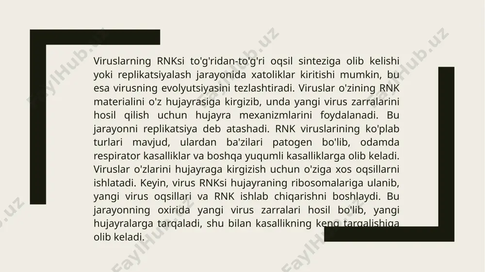gik kuzatuvlarni olib borish uchun juda foydalidir. immunoassaylar (elisa) testlari rnk viruslarining antigenlarini aniqlashda ishlatiladi. bu testlar virus bilan infektsiyalangan odamning qonida mavjud bo'lgan maxsus proteinlar yoki antikorlarni aniqlash uchun qo'llaniladi. zamonaviy diagnostika usullari rnk viruslarini aniqlashda yuqori aniqlik va tezlikni ta'minlashi bilan birga, kasalliklarning erta bosqichlarida tashxis qo'yishga yordam beradi. maxsus profilaktika va davolash choralari – rnk viruslarining oldini olish va davolashga oid amaliy tadbirlar. rnk viruslarining oldini olish uchun asosiy profilaktik chora sifatida vaksinasiyalar keng qo'llaniladi. vaksinalar, masalan, gripp, koronavirus, va boshqa respirator viruslarga qarshi immunitetni shakllantirishga yordam beradi. vaksinalar organizmni virusga qarshi himoya qilish uchun antikorlar ishlab chiqarishni stimulyatsiya qiladi, bu esa kelajakda yuzaga keladigan infeksiya holatlariga qarshi himoya qilish imkonini yaratadi. virusli infektsiyalarni davolashda, asosan, virusga qarshi preparatlar, ya'ni antiviral dorilar ishlatiladi. bu dorilar rnk viruslarining replikatsiya jarayonini to'xtatib, ularning ko'payishini oldini oladi. masalan, gripp va covid-19 kabi viruslar uchun maxsus antiviral dorilar mavjud bo'lib, ular …