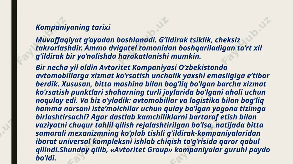 anlangan eng ishonchli kompaniyalar kiradi. bizning hamkorlar uzauto motors “uzauto motors” kompaniyasi “chevrolet” va “ravon” rusumidagi avtomobillar ishlab chiqaruvchisi. avtomobillar, avtomobil ehtiyot qismlari ishlab chiqarish va sotishga ixtisoslashgan. korxona 1993 yilda tashkil etilgan. uz truck & bus motors “uz truck and bus motors” mchj qk markaziy osiyo mintaqasida og’ir yuk va yo’lovchi texnikasi man va sinotruk ishlab chiqaruvchisi hisoblanadi. korxona 2009 yil avgust oyida tashkil etilgan bo’lib, samarqand viloyatida joylashgan. uzauto trailer ikkilamchi, yarim tirkamali va qo’shimcha qismlarni eng yirik ishlab chiqaruvchisi. ishlab chiqarish hajmi: yiliga 3000 donagacha. asosiy yo’nalish: samosvallar, izotermik, osma va hamma metall buyumlar, samosvallar, izotermik, yarim tirkama va tirkamalar, qishloq xo’jaligi texnikasi va boshqa maxsus lazerlar. e’tiboringiz uchun rahmat! image1.jpeg image2.jpeg image3.jpeg image4.jpeg image5.jpeg