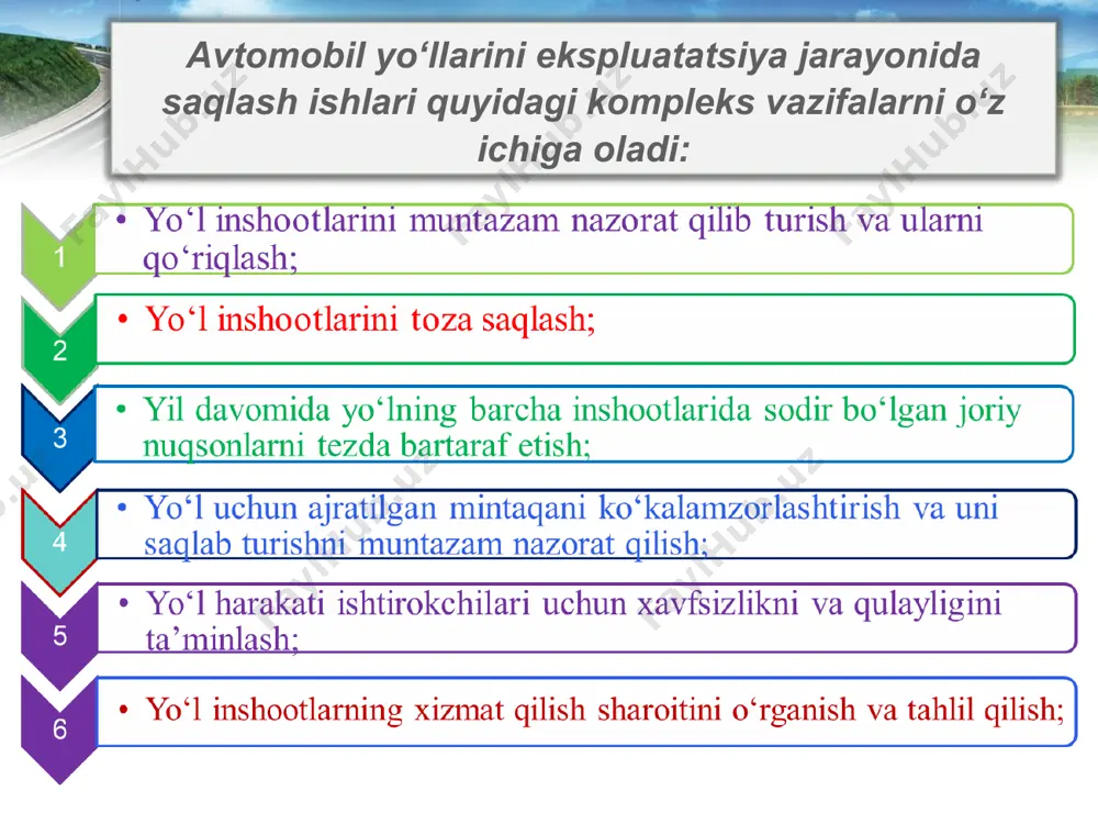 yicha saqlashning asosiy vazifalari quyidagilar: - bahorgi davrda – yo‘l poyi gruntlarini qor va grunt suvlaridan namlanib ketishini bartaraf qilish; - yozgi davrda yo‘l yon qiyaligi va yo‘l chetini, suv qochiruvchi qurilmalarni tozalash va ularning no‘qsonlarini bartaraf qilish bo‘yicha ishlarni bajarish; - kuzgi davrlarda – yo‘l poyini atmosfera yog‘inlaridan ko‘p namlanishini oldini olish, uning tarkibiy qismidagi tuproqlarning eng kam namligini ta’minlash. -kuzgi davrlarda – yo‘l poyini atmosfera yog‘inlaridan ko‘p namlanishini oldini olish, uning tarkibiy qismidagi tuproqlarning eng kam namligini ta’minlash. * yo‘l to‘shamasini va qoplamasini saqlash yo‘l qoplamasini saqlashning asosiy vazifasi qoplamaning transport-foydalanish sifatlarini oshirish, toza va ozoda holda saqlash iborat. yo‘l to‘shamasi mustaxkamligi yetarli bo‘lmagan va yo‘l poyi ko‘p namlangan, ko‘pchigan yo‘llarda katta yuk ko‘taruvchi tv harakati cheklanadi. qoplamadagi yoriqlar yuzaga kelishiga qarshi kurashishning bosh vazifasi yoriqni rivojlanish jarayonini to‘xtatish, gidroizolyatsiya (nam o‘tkazmaydigan qilish) va qoplamaning yaxlitligini qayta tiklashdan iboratdir. sementbeton qoplamalarni saqlashda choklar, yoriqlar bekitiladi, plitalar cheti va …