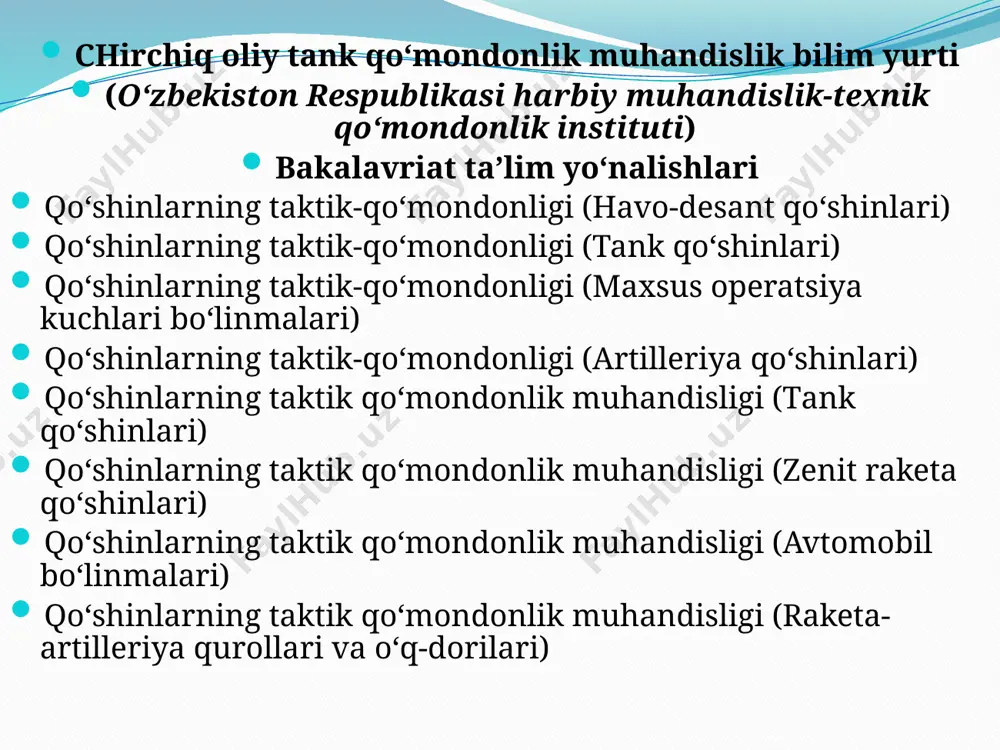 a test sinovlari topshiradilar. 10. oliy harbiy ta’lim muassasalariga o‘qishga qabul qilishni sifatli tashkil etish maqsadida oliy harbiy ta’lim muassasalariga ega bo‘lgan manfaatdor vazirliklar va idoralar (keyingi o‘rinlarda vazirliklar va idoralar deb ataladi) tomonidan, belgilangan tartibda, oliy harbiy ta’lim muassasalari qabul komissiyalari tashkil etiladi. 11. nomzodlarni o‘qishga qabul qilish to‘g‘risidagi arizalarni (bildirgilarni) topshirish muddatlari va qabul komissiyasiga taqdim etiladigan zarur hujjatlar ro‘yxati vazirliklar va idoralar tomonidan belgilanadi. ii. harbiy-professional yo‘nalish 12. harbiy xizmatchi kasbining mohiyatini va unga qo‘yiladigan talablarni ochib berish, yoshlarda harbiy kasbni ongli ravishda tanlashni shakllantirish, muayyan harbiy mutaxassislikni tanlashda ularga yordam berish harbiy-professional yo‘nalishning asosiy maqsadi hisoblanadi. 13. quyidagilar harbiy-professional yo‘nalishning asosiy vazifalari hisoblanadi: zobitlar xizmatining ijtimoiy mazmuni va o‘ziga xosligini ochib berish, shu asosda yoshlarda zobit — vatan himoyachisi kasbining yuksak mas’uliyatini to‘g‘ri tushunish va anglashni shakllantirish; oliy harbiy ta’lim muassasalariga kirishga qaror qilgan fuqaro yoshlar va harbiy xizmatchilarga iste’dodni, qobiliyatlarni va shaxsiy fazilatlarni hisobga olgan …